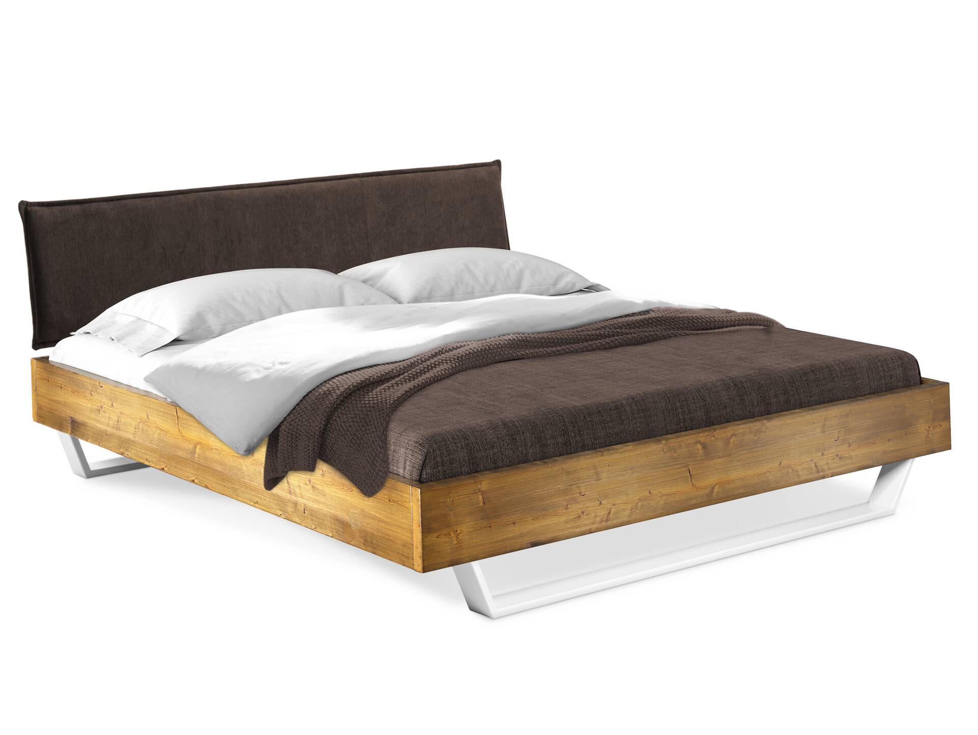 CURBY Kufenbett mit Polsterkopfteil, Material Massivholz, rustikale Altholzoptik, Fichte, Kufen weiss 120 x 220 cm | vintage | Stoff Braun