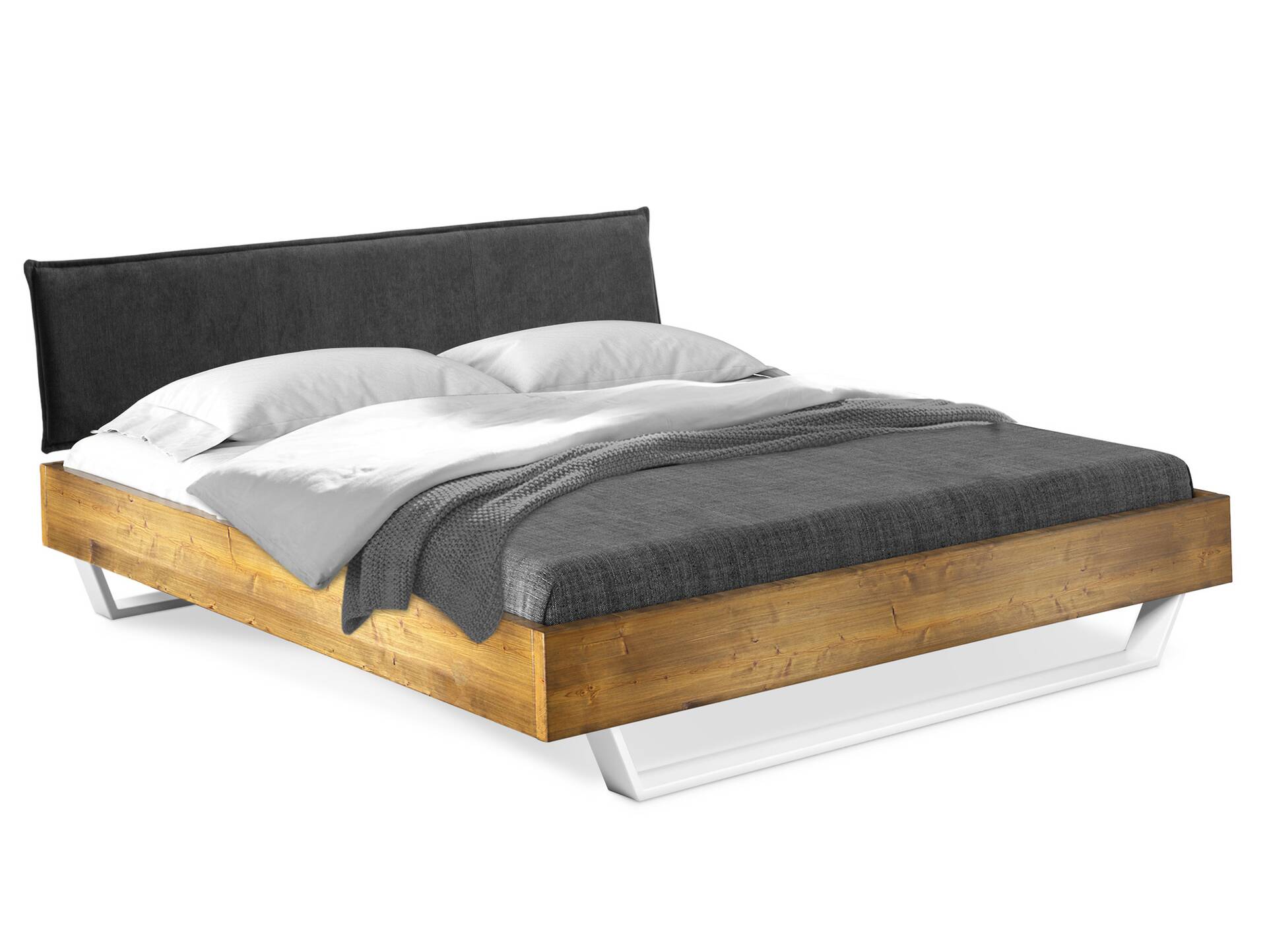 CURBY Kufenbett mit Polsterkopfteil, Material Massivholz, rustikale Altholzoptik, Fichte, Kufen weiss 120 x 200 cm | vintage | Stoff Anthrazit
