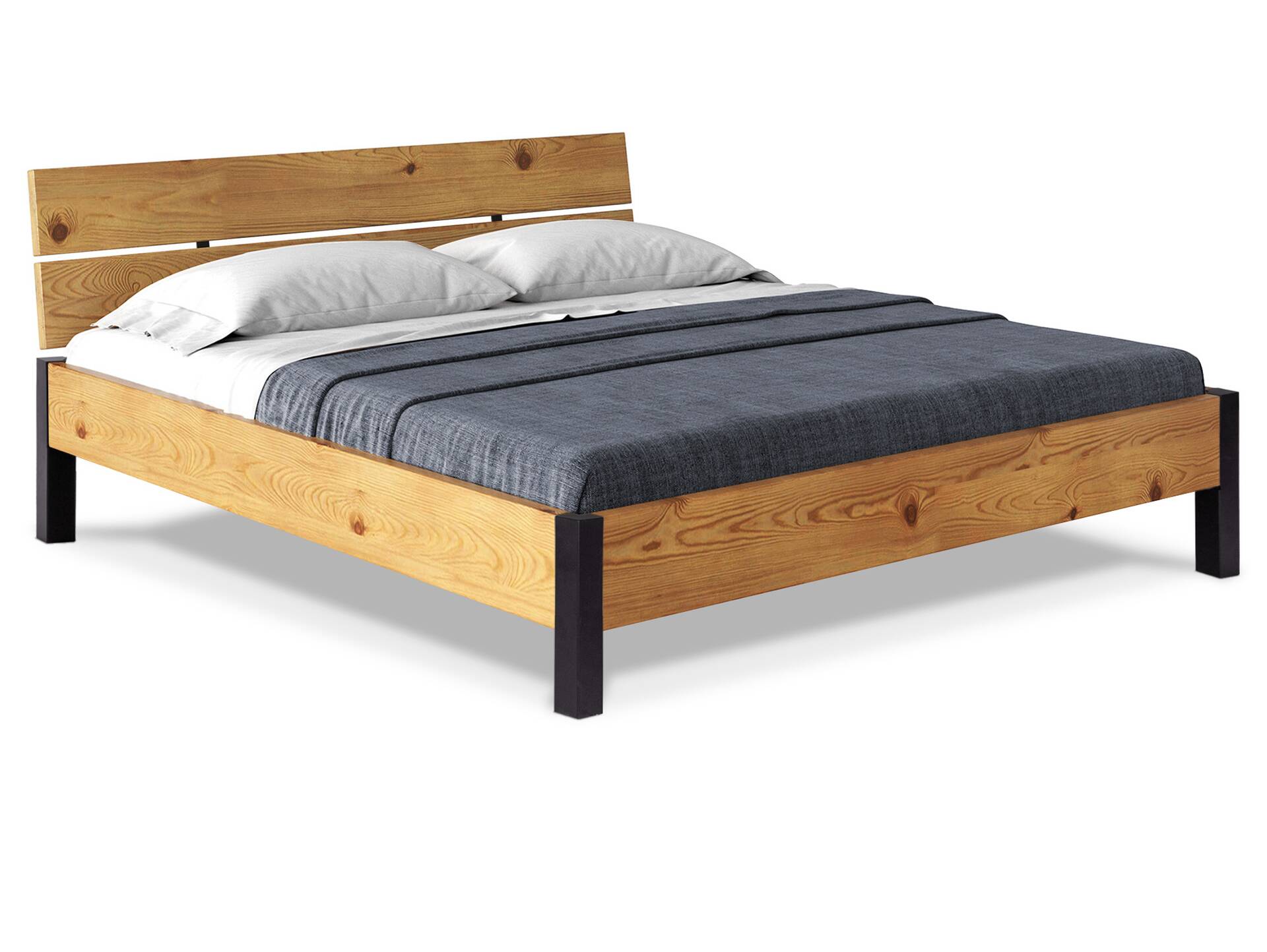 CURBY Bett mit Metallfuß und Kopfteil, Material Massivholz, rustikale Altholzoptik, Fichte 90 x 200 cm | natur