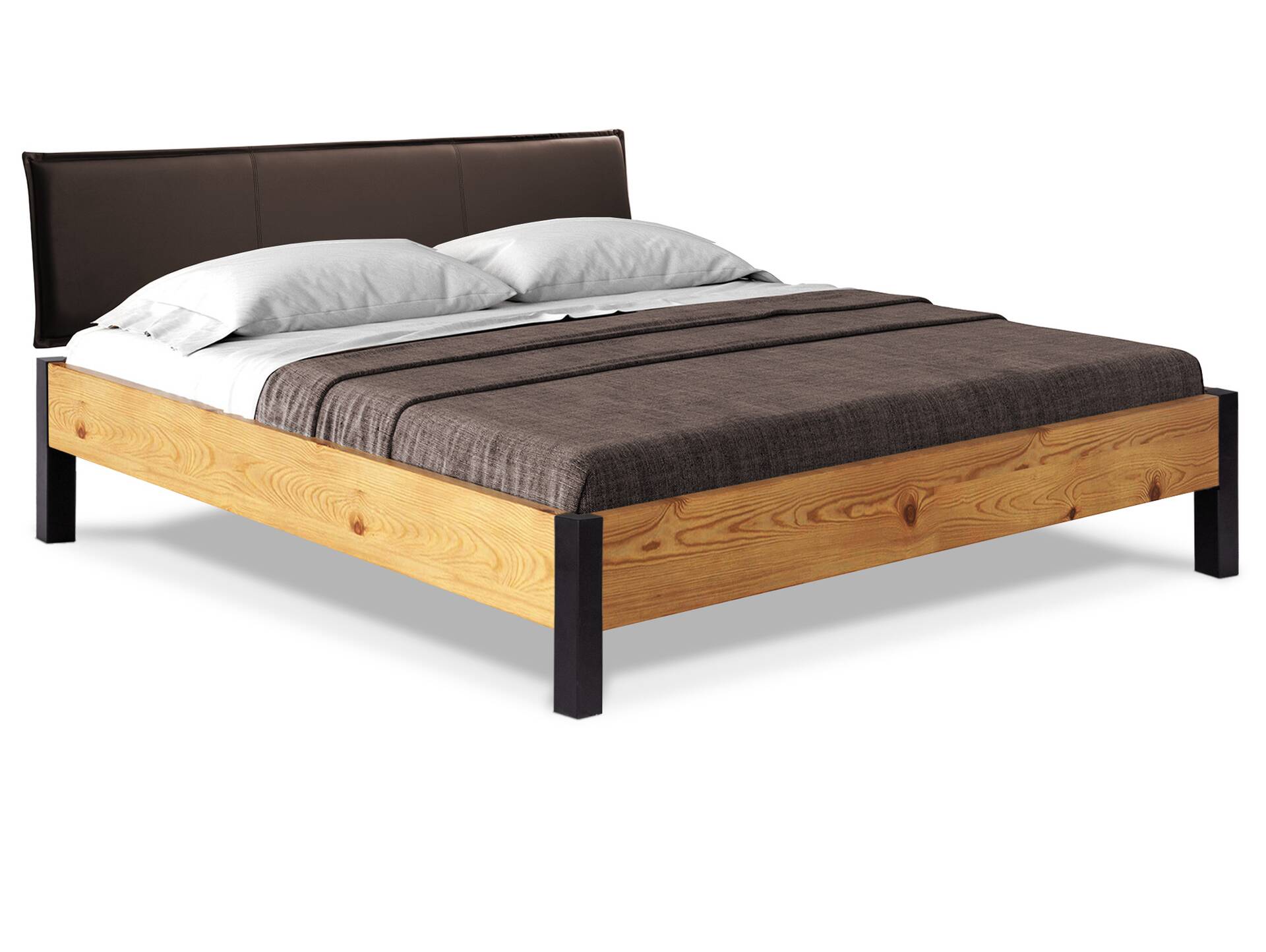CURBY Bett mit Metallfuß und Polsterkopfteil, Material Massivholz, rustikale Altholzoptik, Fichte 120 x 200 cm | natur | Kunstleder Braun ohne Steppung