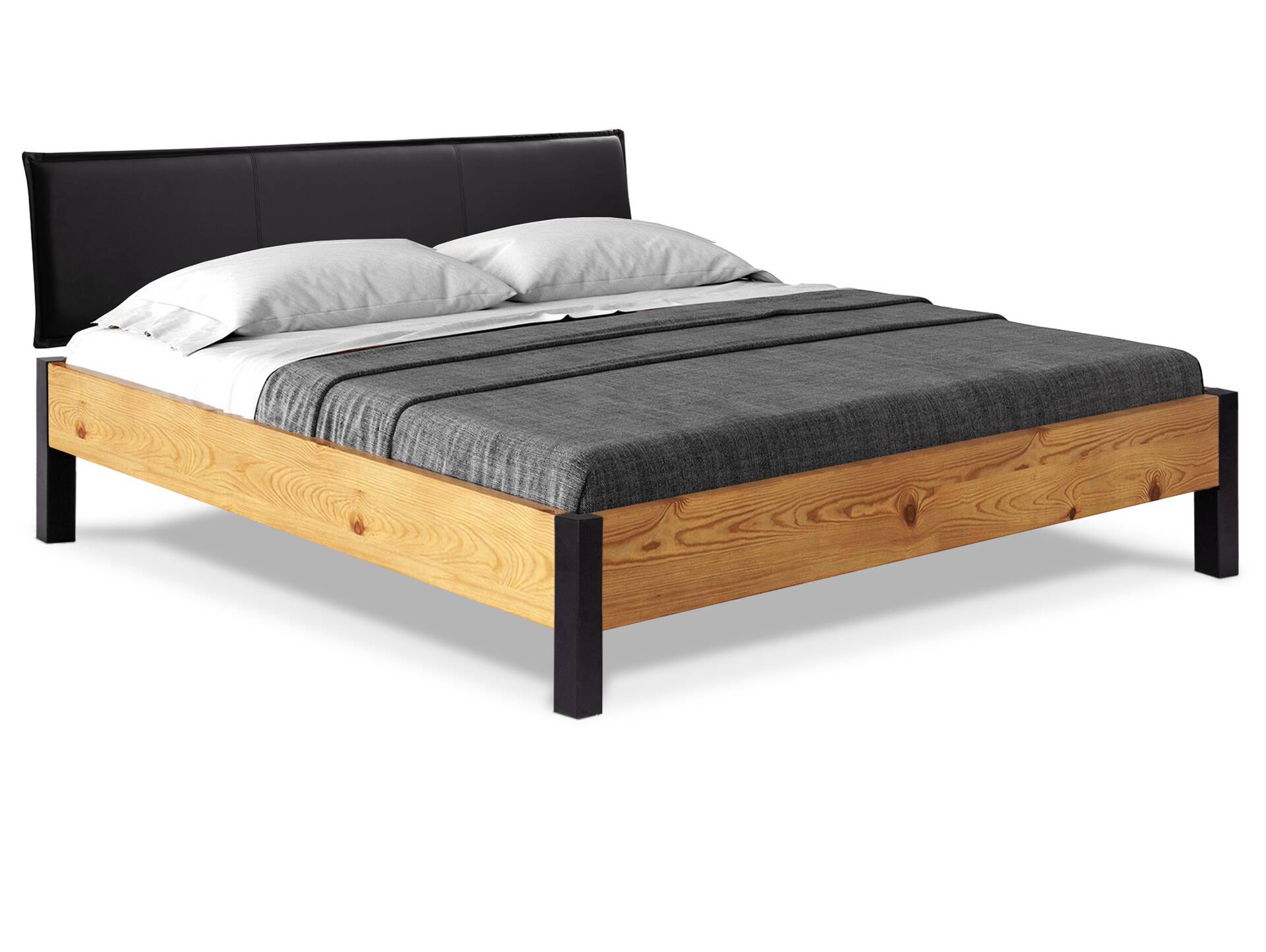 CURBY Bett mit Metallfuß und Polsterkopfteil, Material Massivholz, rustikale Altholzoptik, Fichte 140 x 200 cm | natur | Kunstleder Schwarz ohne Steppung