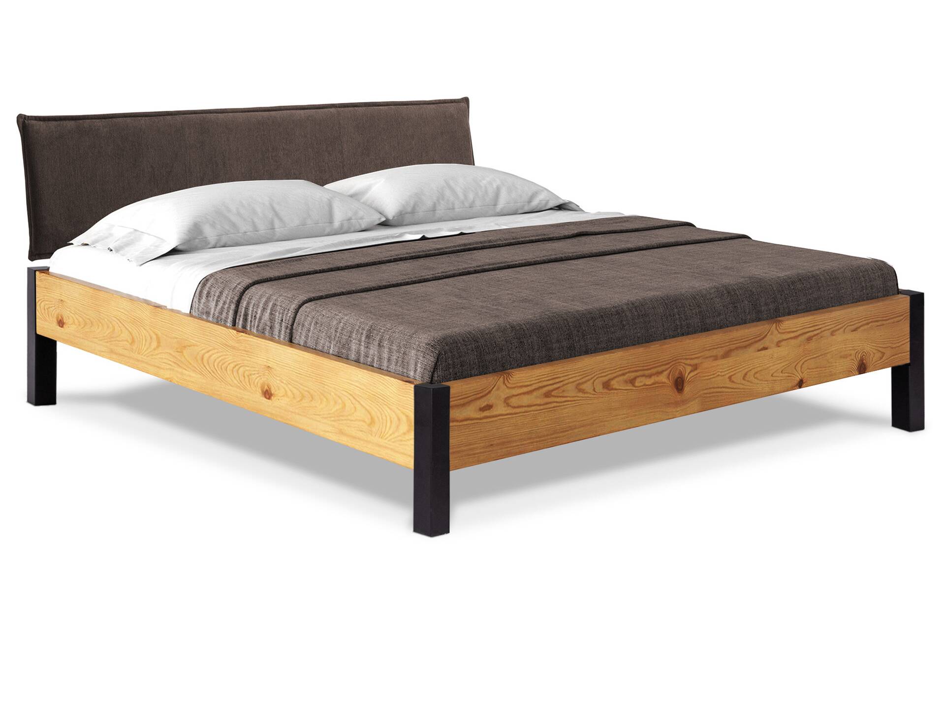 CURBY Bett mit Metallfuß und Polsterkopfteil, Material Massivholz, rustikale Altholzoptik, Fichte 120 x 200 cm | natur | Stoff Braun ohne Steppung