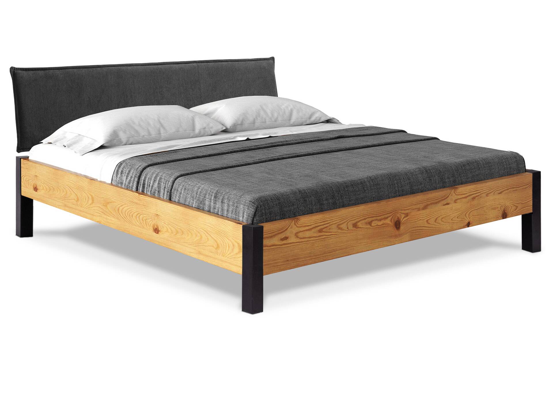 CURBY Bett mit Metallfuß und Polsterkopfteil, Material Massivholz, rustikale Altholzoptik, Fichte 120 x 200 cm | natur | Stoff Anthrazit ohne Steppung