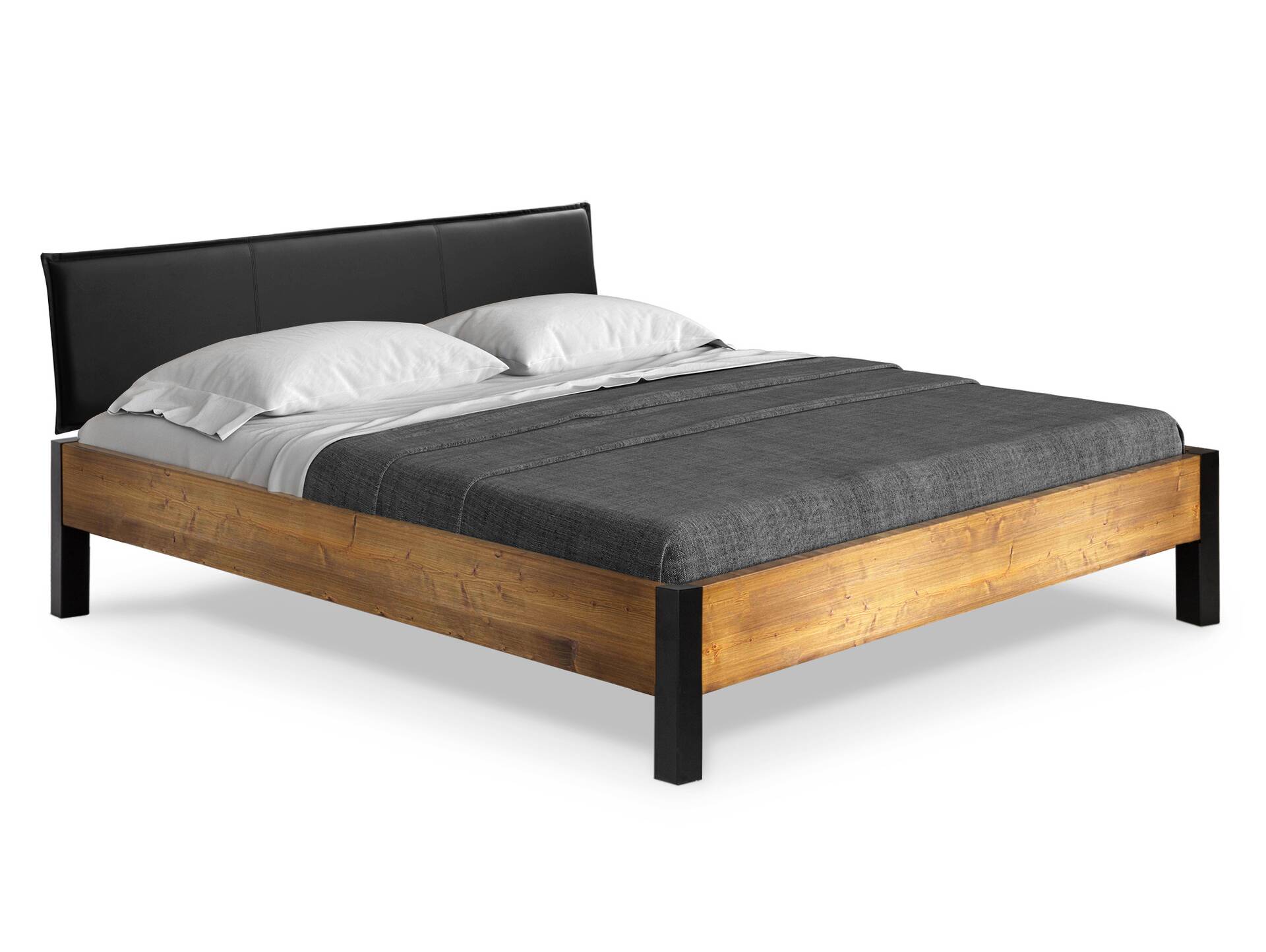 CURBY Bett mit Metallfuß und Polsterkopfteil, Material Massivholz, rustikale Altholzoptik, Fichte 200 x 200 cm | vintage | Kunstleder Schwarz ohne Steppung