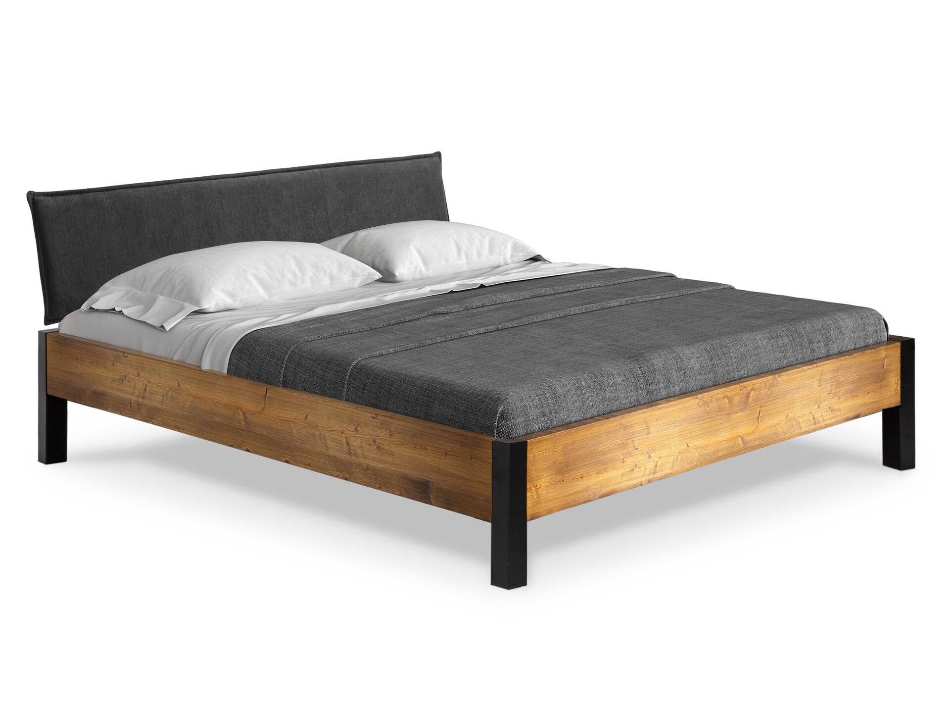 CURBY Bett mit Metallfuß und Polsterkopfteil, Material Massivholz, rustikale Altholzoptik, Fichte 140 x 200 cm | vintage | Stoff Anthrazit ohne Steppung