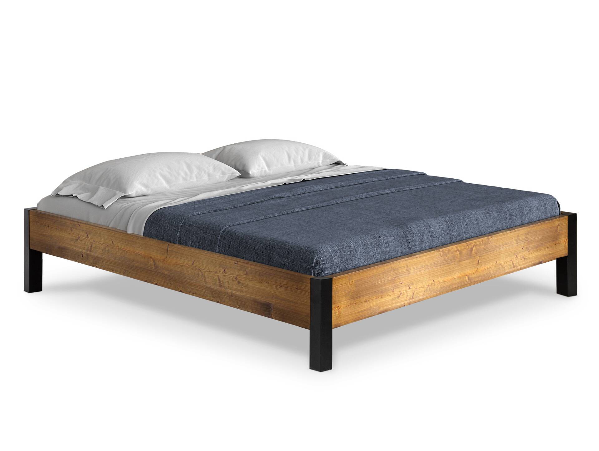 CURBY Bett mit Metallfuß, ohne Kopfteil, Material Massivholz, rustikale Altholzoptik, Fichte 90 x 200 cm | vintage