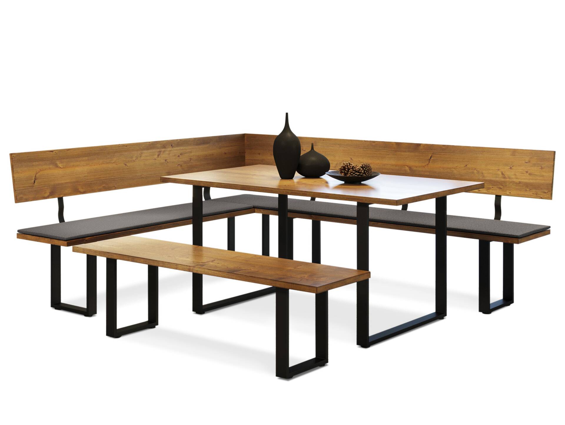 CURBY Essgruppe, rustikale Altholzoptik, Material Massivholz, Fichte gebürstet 256 x 167 cm | vintage | inklusive Sitzkissen grau