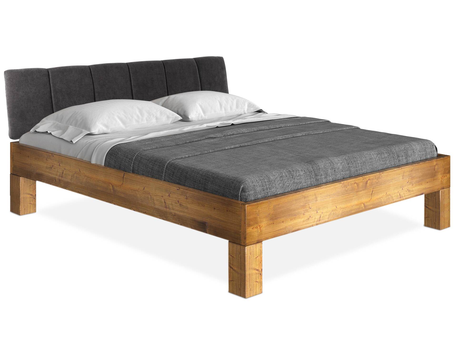 CURBY 4-Fuß-Bett mit Polsterkopfteil, Material Massivholz, rustikale Altholzoptik, Fichte 180 x 200 cm | natur | Stoff Anthrazit mit Steppung | Standardhöhe