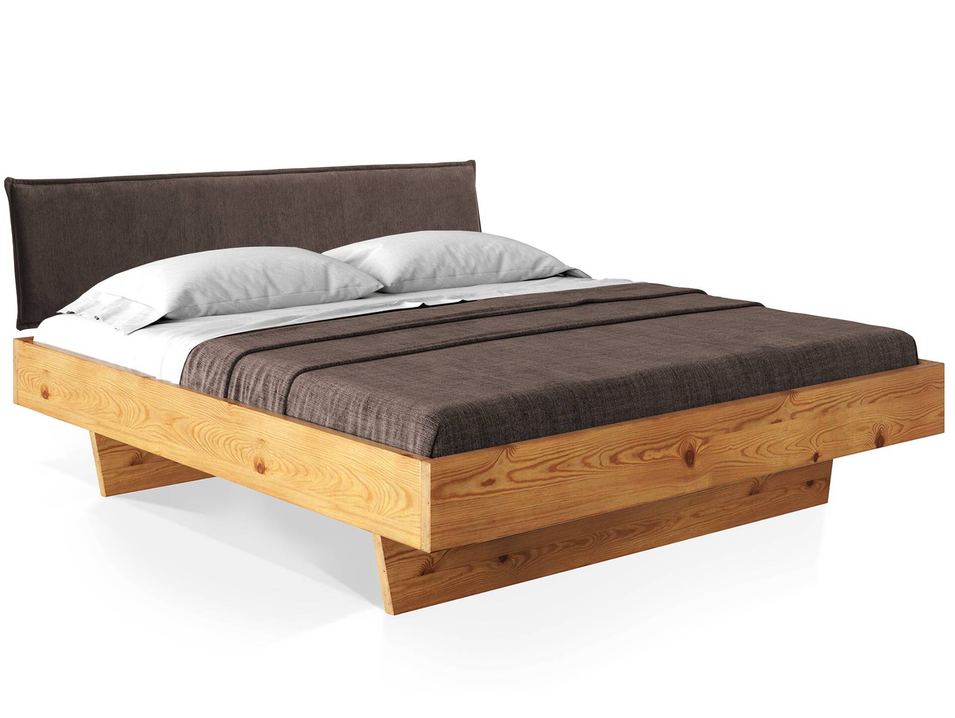 CURBY Wangenbett mit Polsterkopfteil, Material Massivholz, rustikale Altholzoptik, Fichte gebürstet 120 x 200 cm | natur | Stoff Braun ohne Steppung