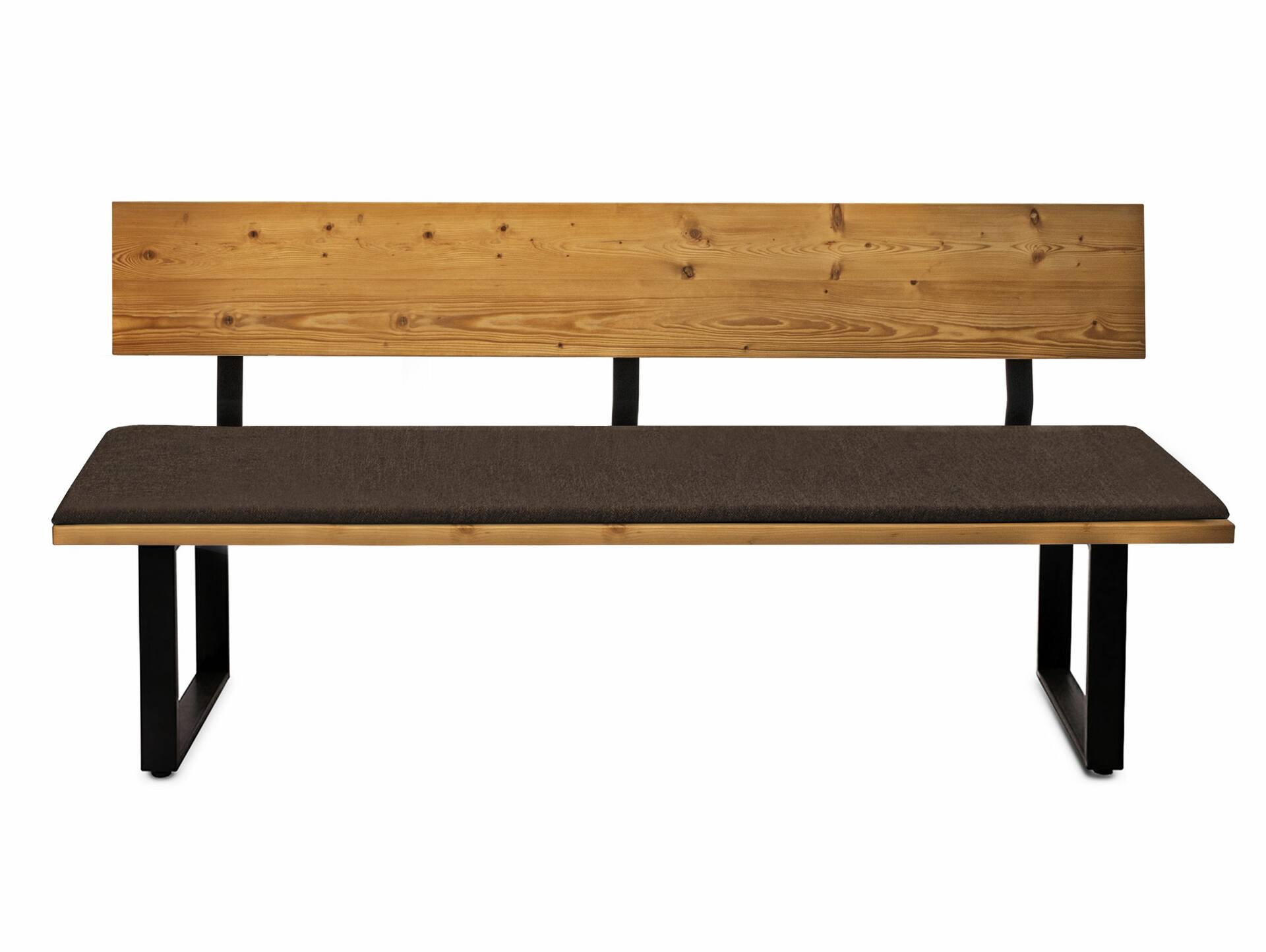 CURBY Sitzbank, rustikale Altholzoptik, Material Massivholz, Fichte gebürstet 200 cm | natur | mit Rückenlehne | inklusive Sitzkissen braun
