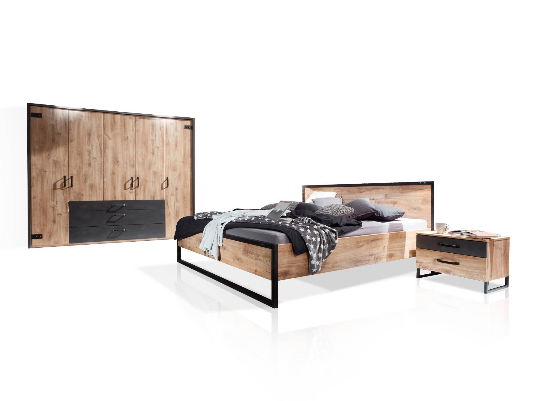 DASTY Komplett-Schlafzimmer I, Material Dekorspanplatte, plankeneichefarbig/dunkelgrau 