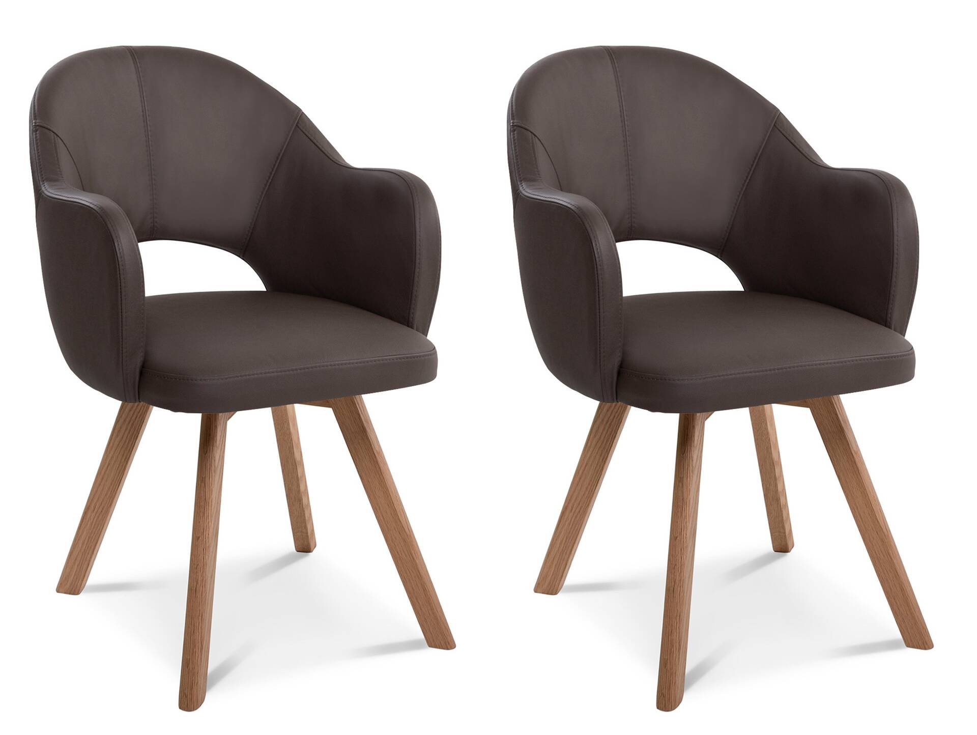 DOLORA 2er SET Schalenstühle, Gestell Massivholz ohne Drehfunktion | Echtleder | braun
