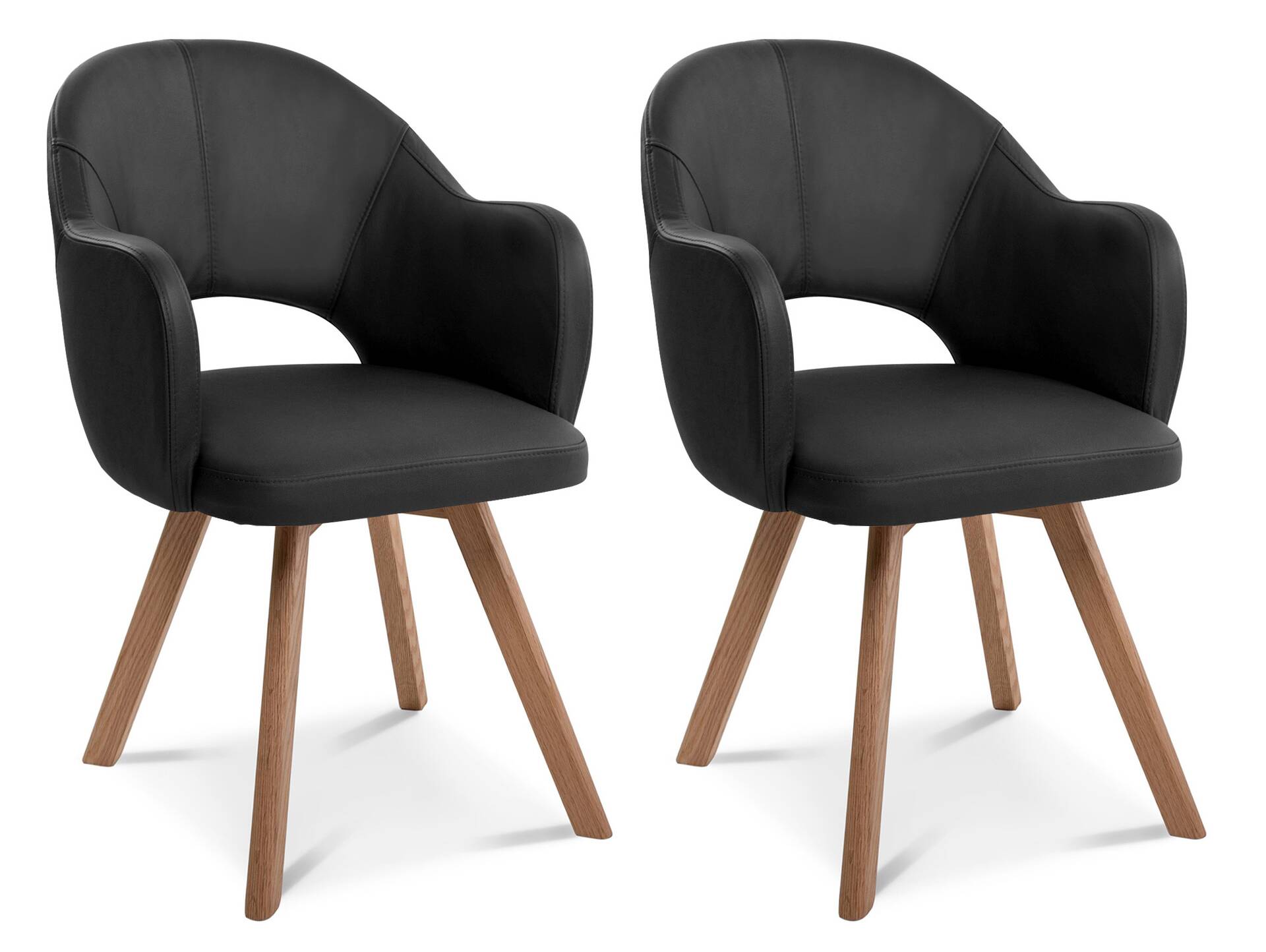 DOLORA 2er SET Schalenstühle, Gestell Massivholz mit Drehfunktion | Echtleder | schwarz