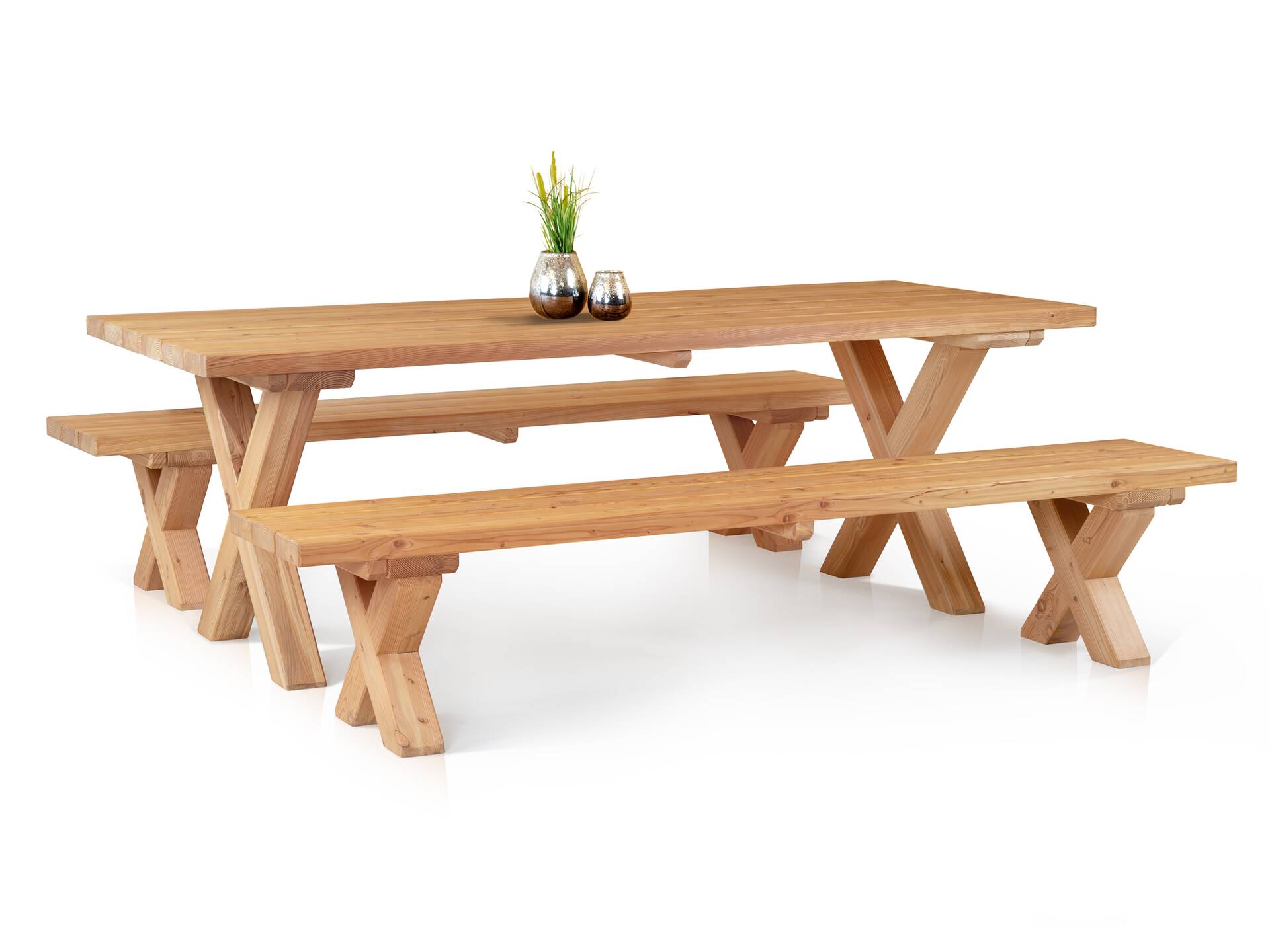 CANCUN PLUS Gartengarnitur mit X-Beinen, Material Massivholz, Lärche 200 cm | Natur | ohne Rückenlehne