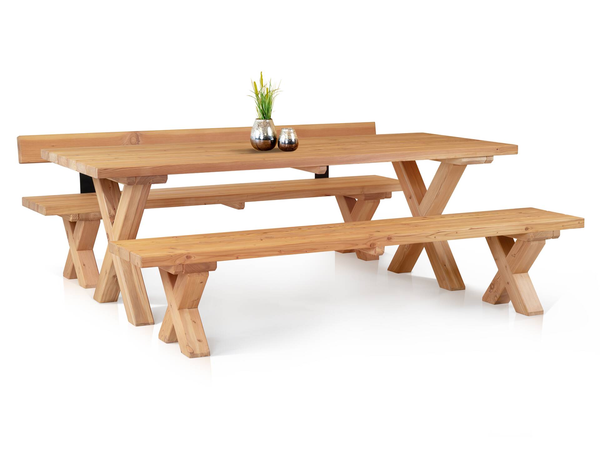 CANCUN PLUS Gartengarnitur mit X-Beinen, Material Massivholz, Lärche 200 cm | Natur | mit/ohne Rückenlehne