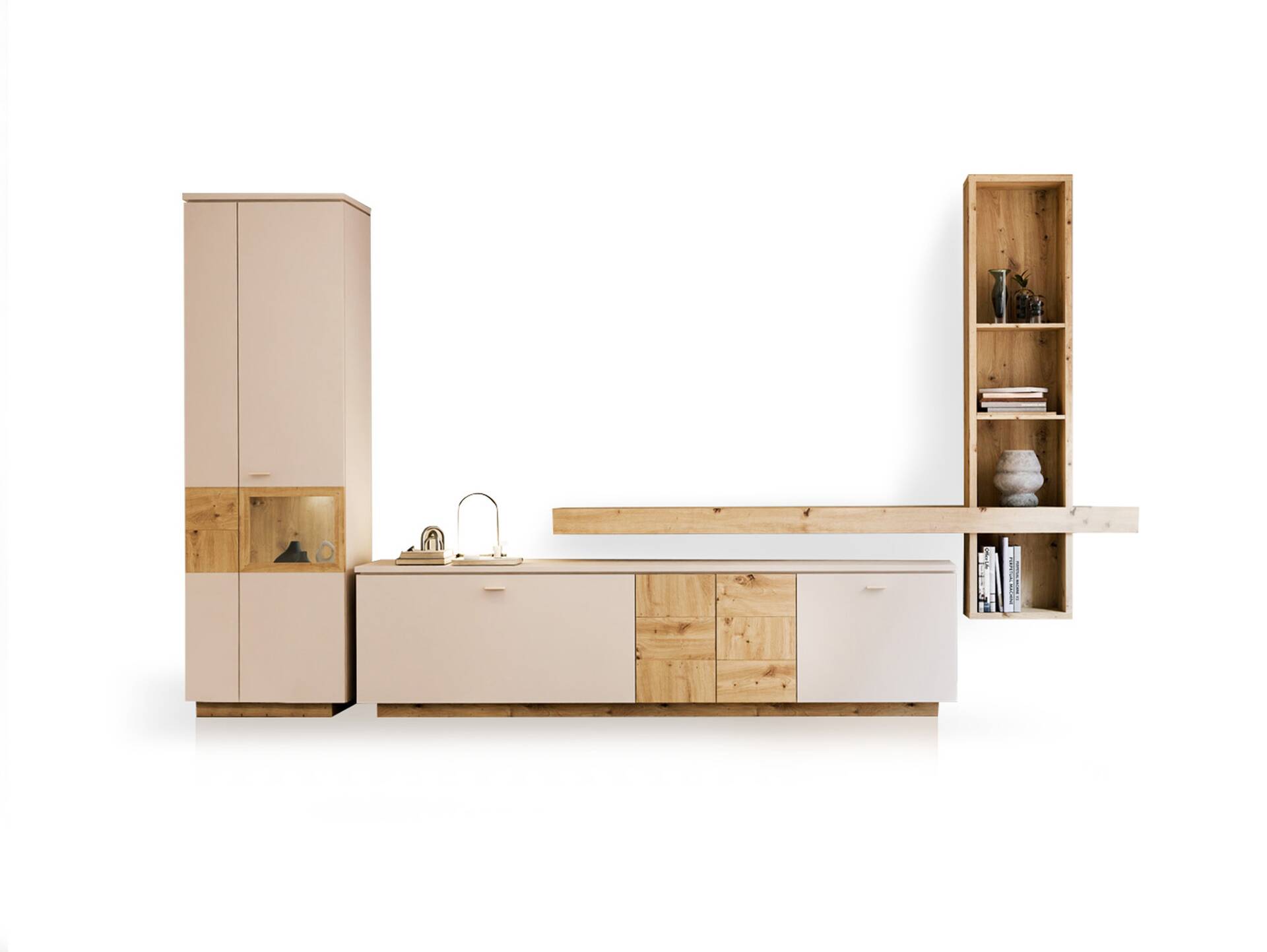 LEANDRO Wohnwand, Material Spanplatte, Dekor Sand/Artisan Eichefarbig 