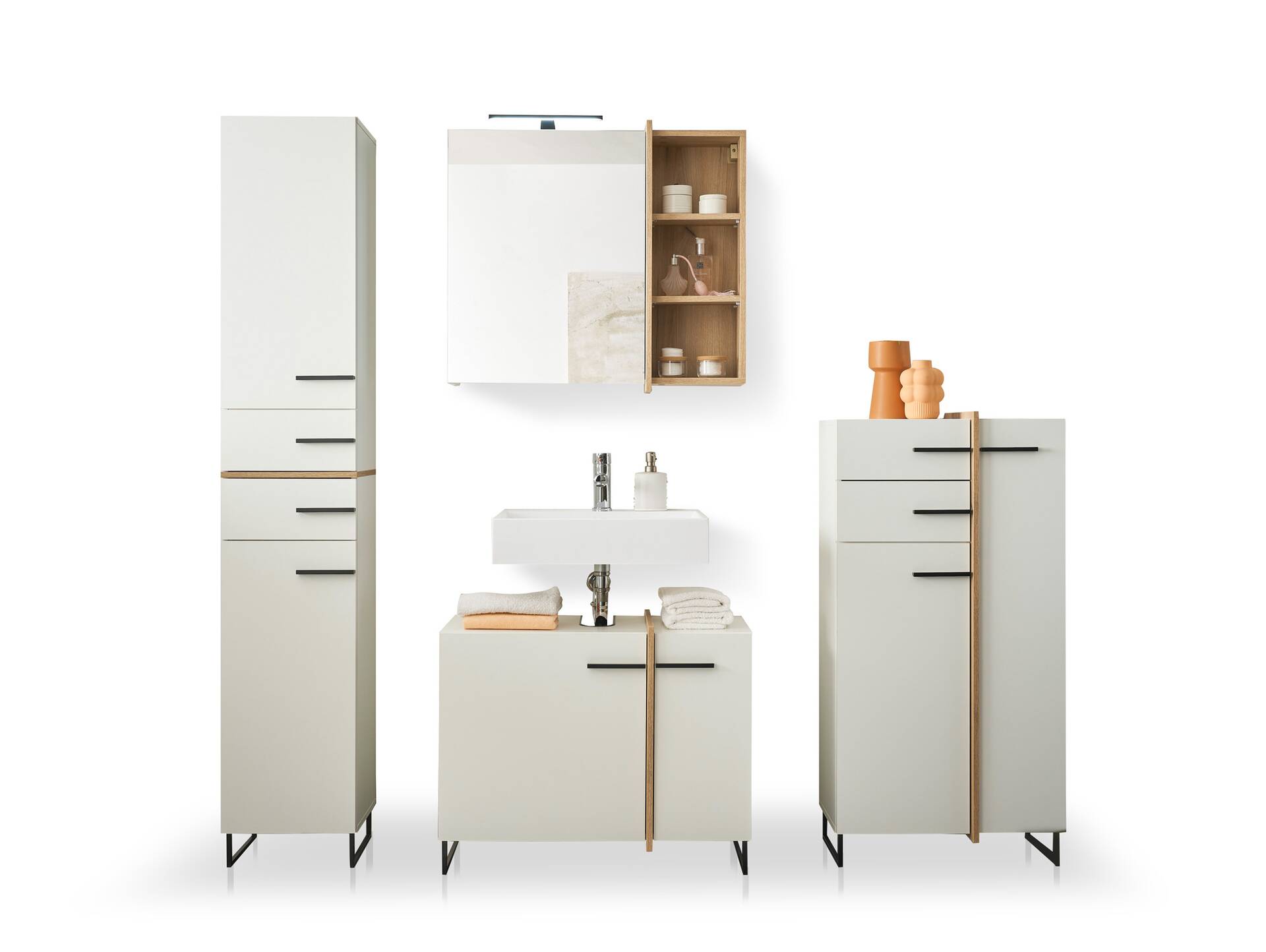 PIDERO Badezimmerset, Material Spanplatte, weiss/eichefarbig 