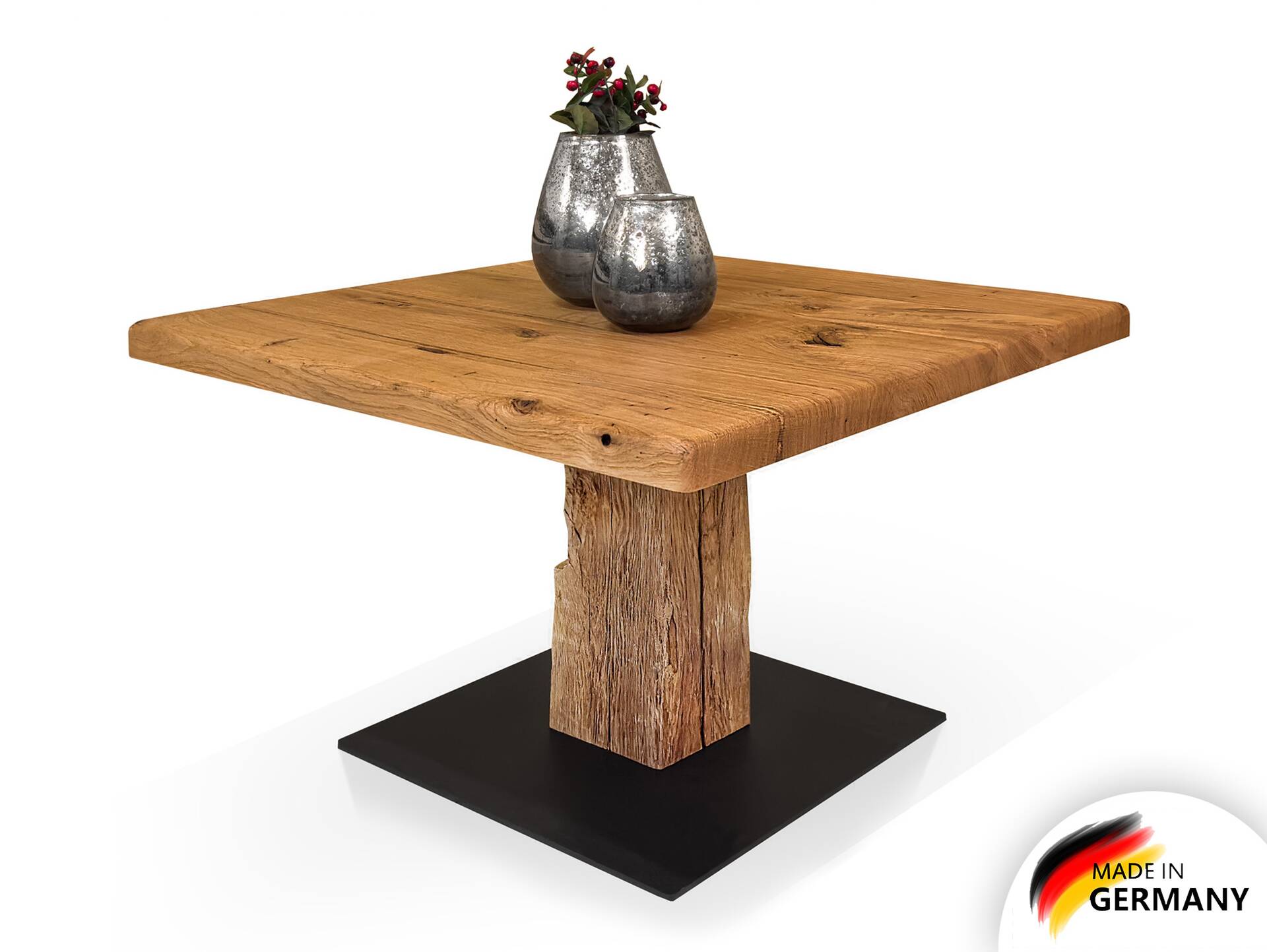 GALINO Couchtisch, Material Massivholz/Metall, Alteiche geölt/schwarz 60 x 60 cm 