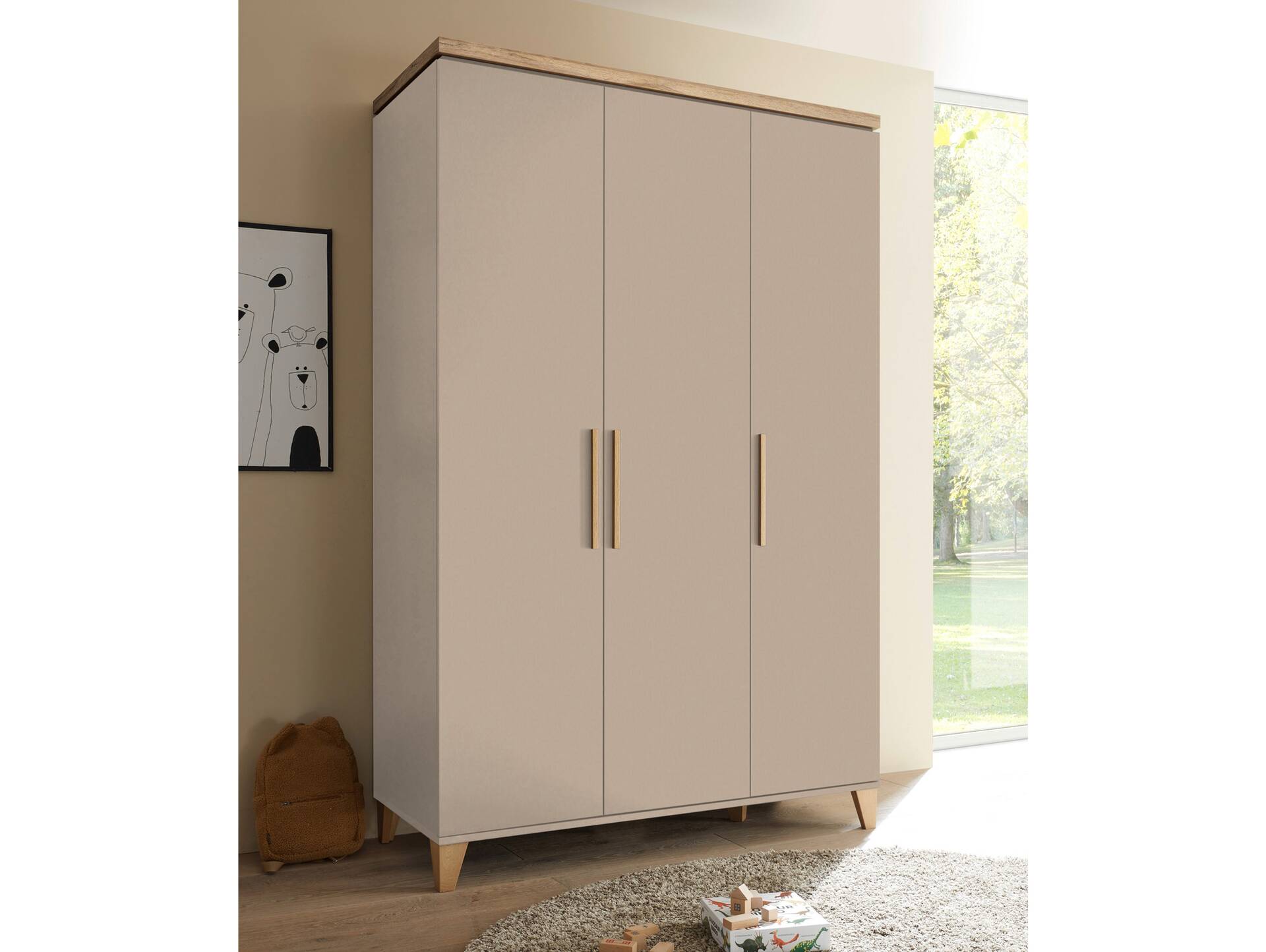 LENI Kleiderschrank 3türig, Material Spanplatte, Kaschmir/Eichefarbig 