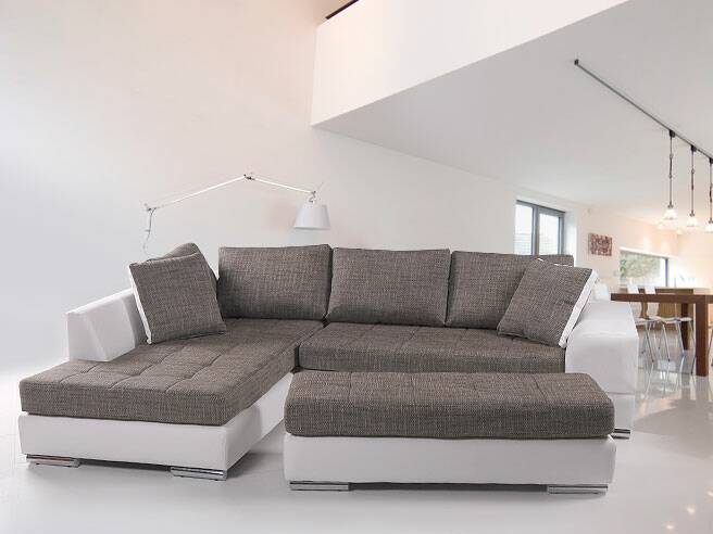 HUSAM Sofa Kunstleder weiss Webstoff grau 