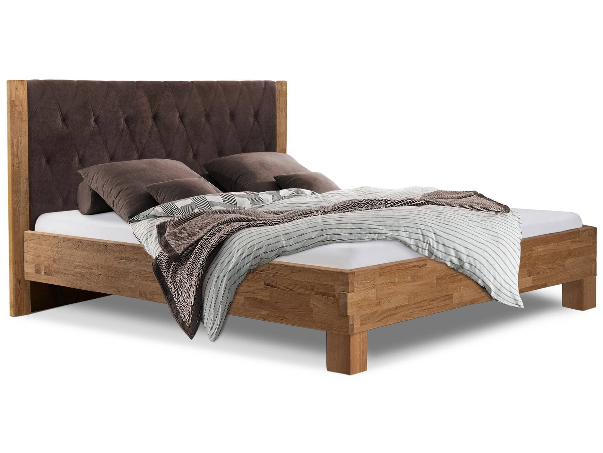 CORDINO 4-Fuß-Bett aus Eiche mit gestepptem Polster-Kopfteil, Material Massivholz 180 x 200 cm | Eiche unbehandelt | Stoff Braun | gehackt