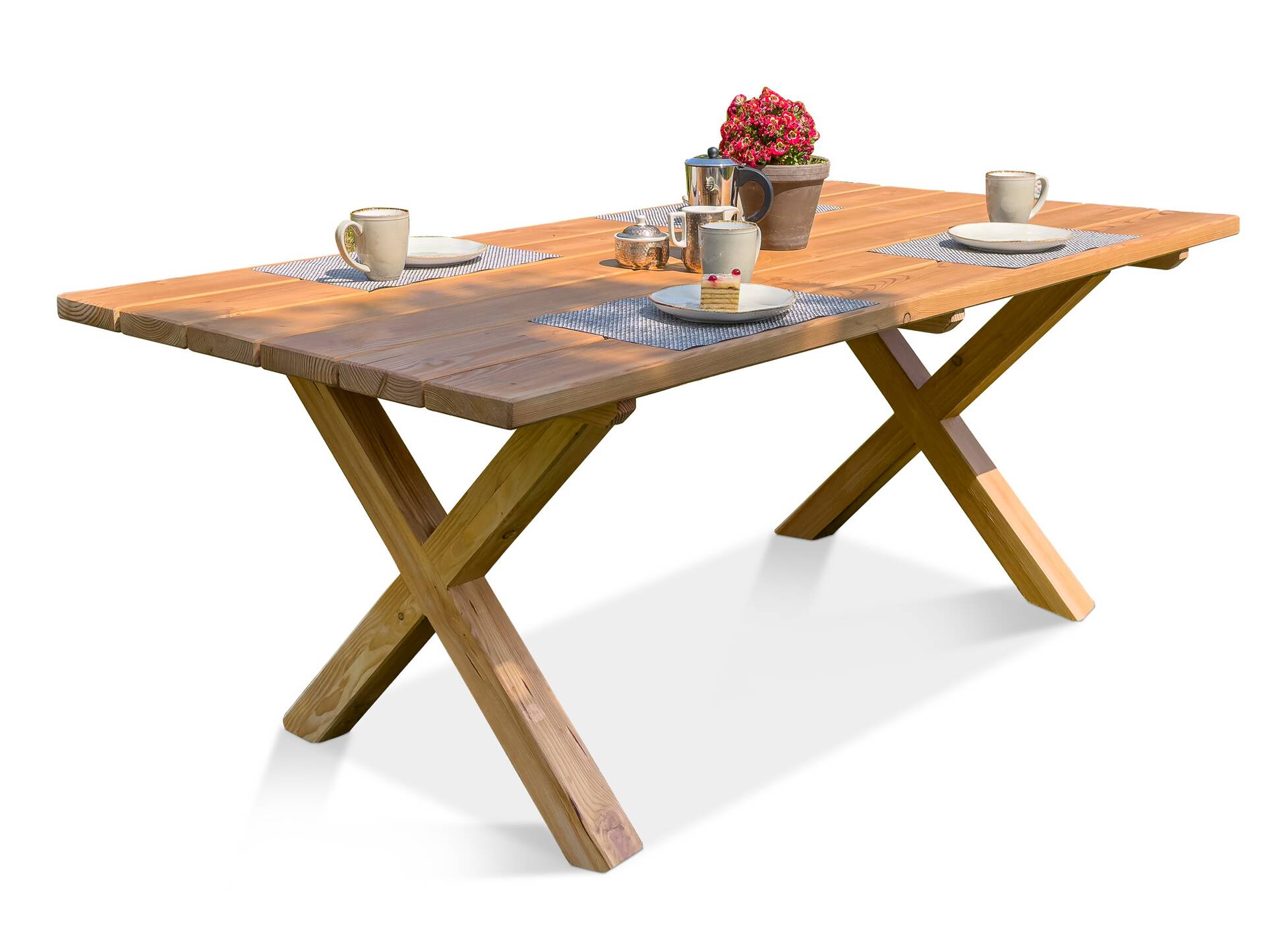 CANCUN Esstisch / Gartentisch mit X-Beinen, Material Massivholz, Lärche natur 260 x 100 cm