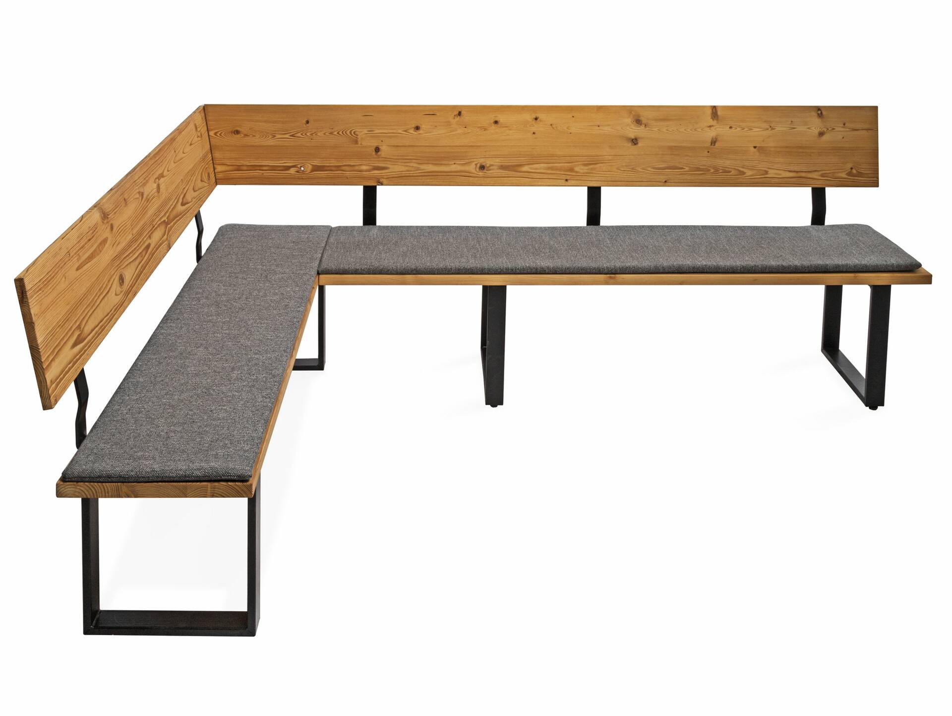 CURBY Eckbank, rustikale Altholzoptik, Material Massivholz, Fichte gebürstet 167 x 288 cm | natur |  inklusive Sitzkissen grau