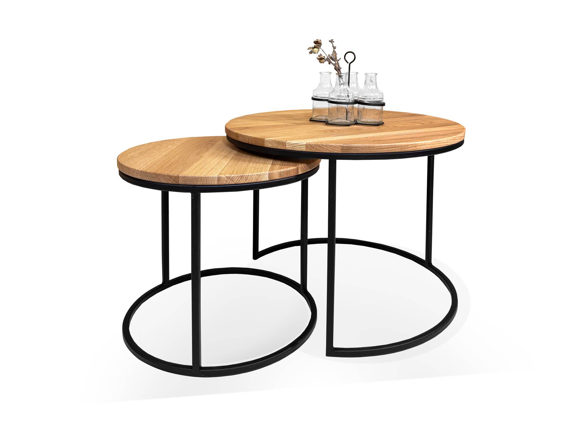 MOONAY 2-er Set Couchtische, Material Massivholz/Metall, Eiche geölt/schwarz 