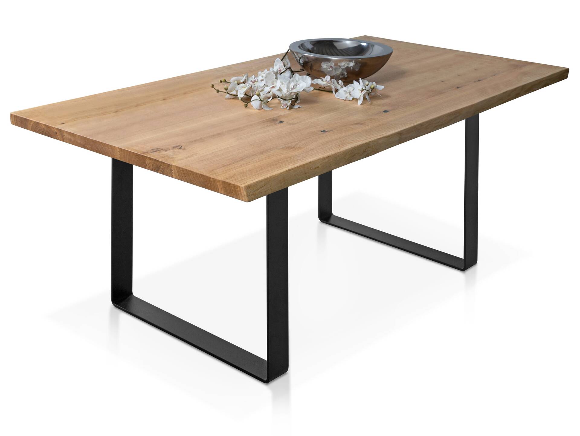NEBRASKA II Massivholztisch mit Baumkante, Eiche/Metallkufen Schwarz 160 x 100 cm