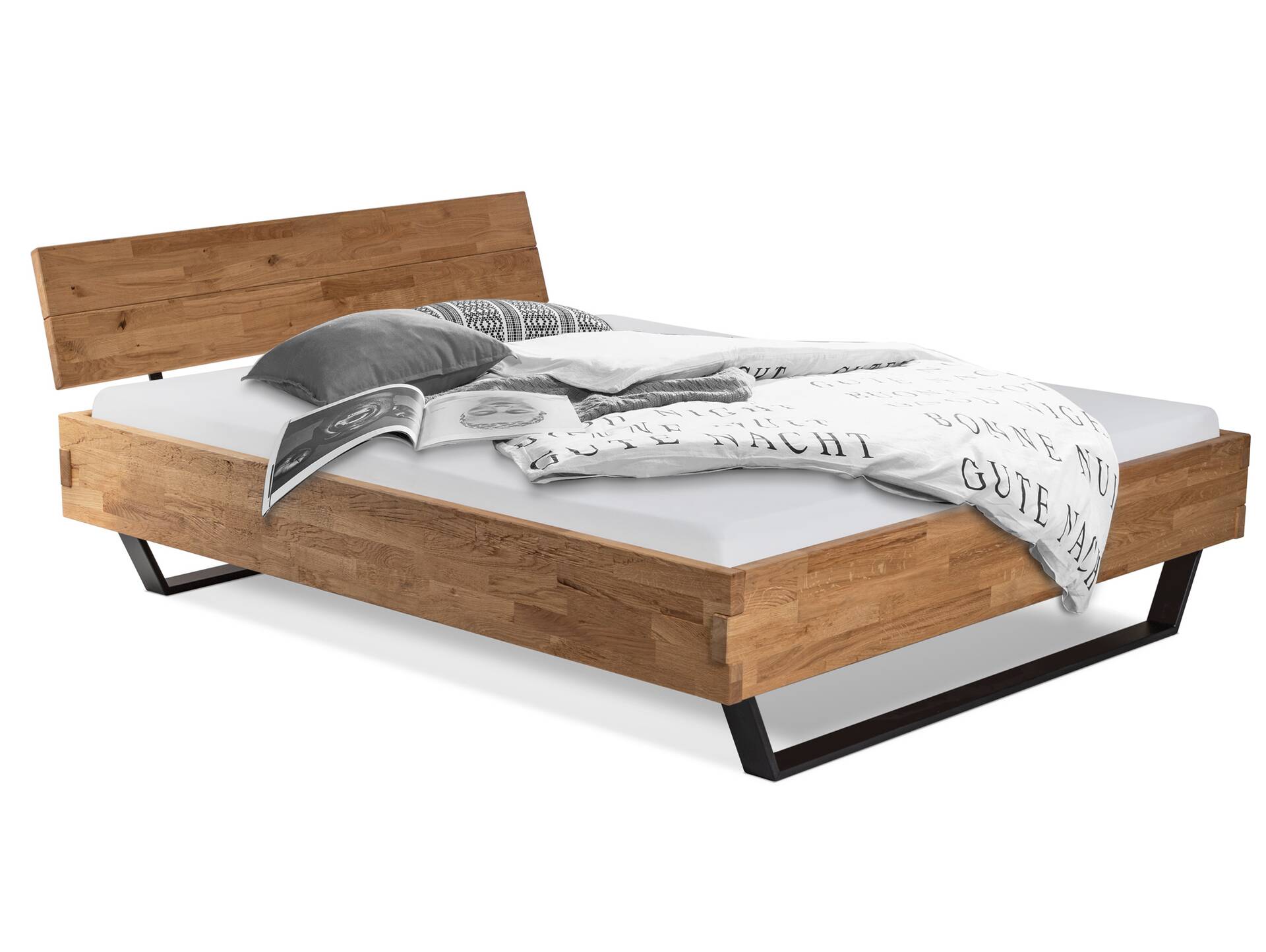 CORDINO Kufenbett aus Eiche mit Kopfteil, Material Massivholz 90 x 200 cm | Eiche lackiert | gehackt