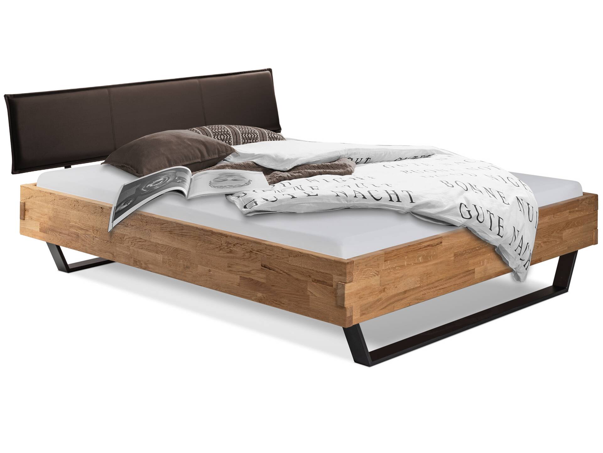 CORDINO Kufenbett aus Eiche mit Polsterkopfteil, Material Massivholz 90 x 200 cm | Eiche unbehandelt | Kunstleder Braun ohne Steppung | gehackt