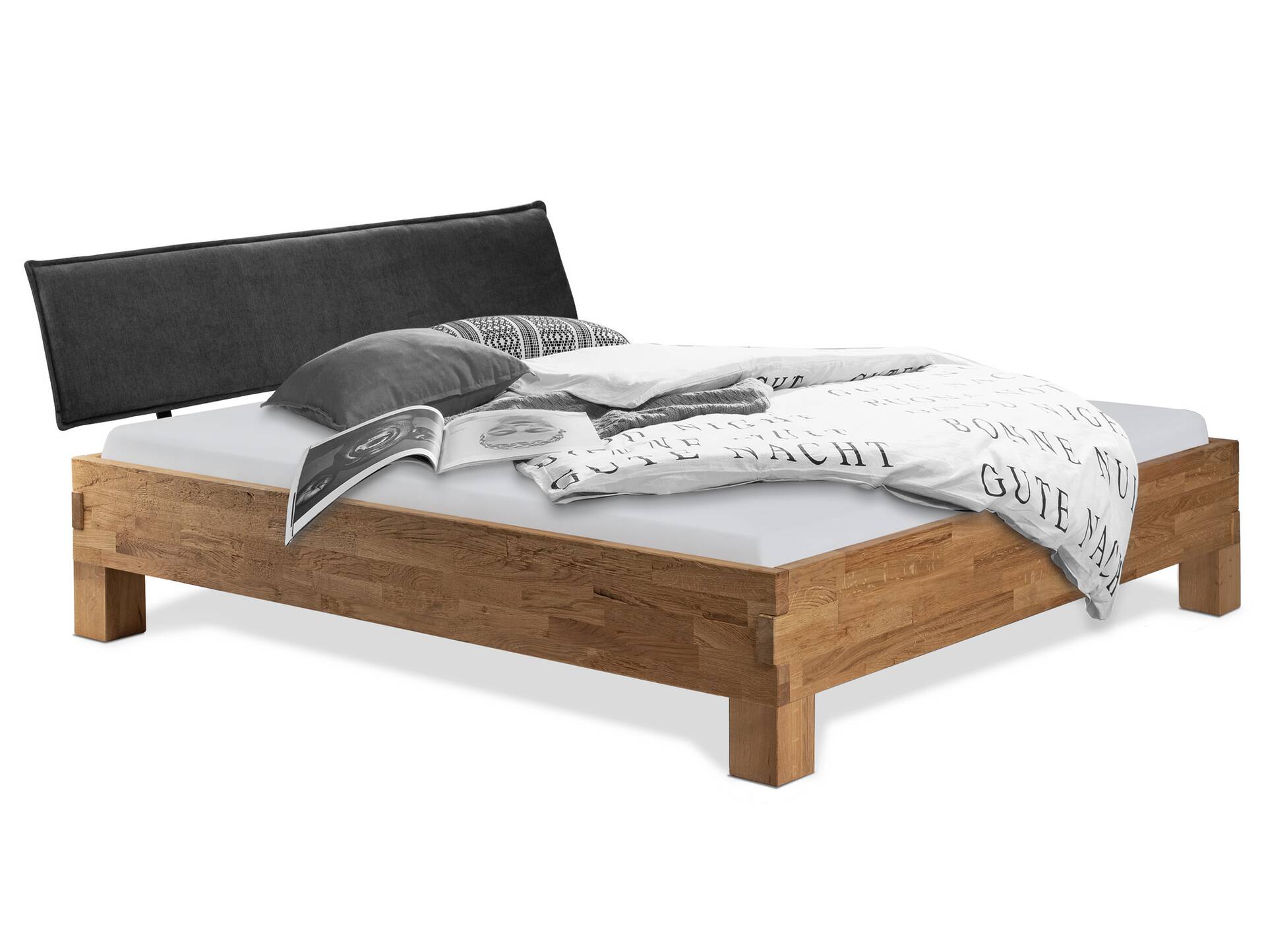 CORDINO 4-Fuß-Bett aus Eiche mit Polster-Kopfteil, Material Massivholz 200 x 220 cm | Eiche unbehandelt | Stoff Anthrazit | gehackt