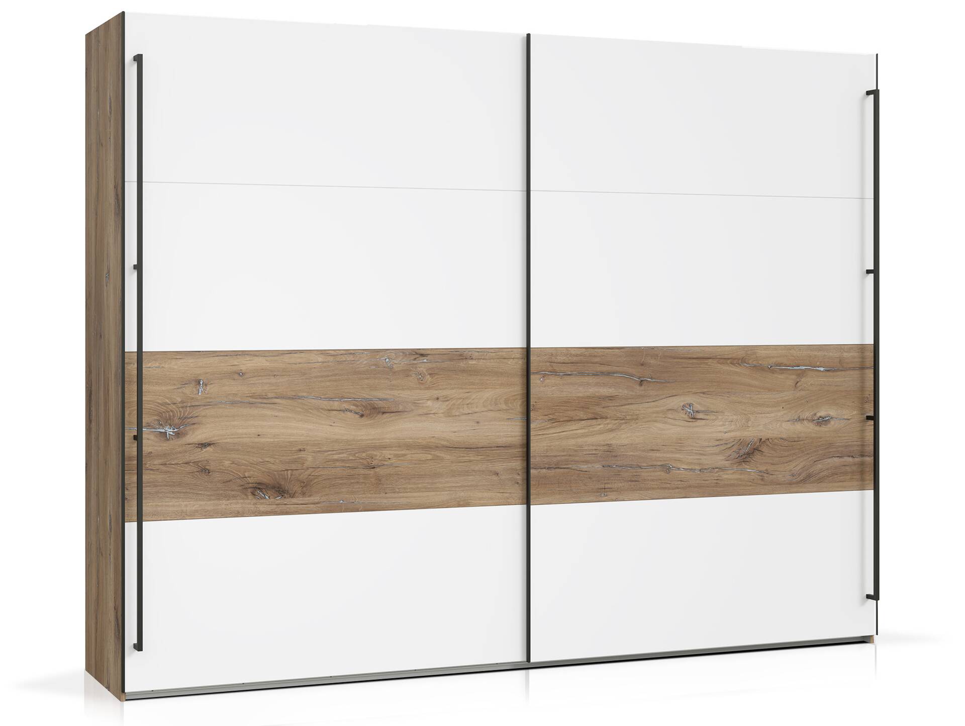 KACY Schiebetürenschrank, Material Dekorspanplatte, Flagstaff Eichefarbig/Weiß 