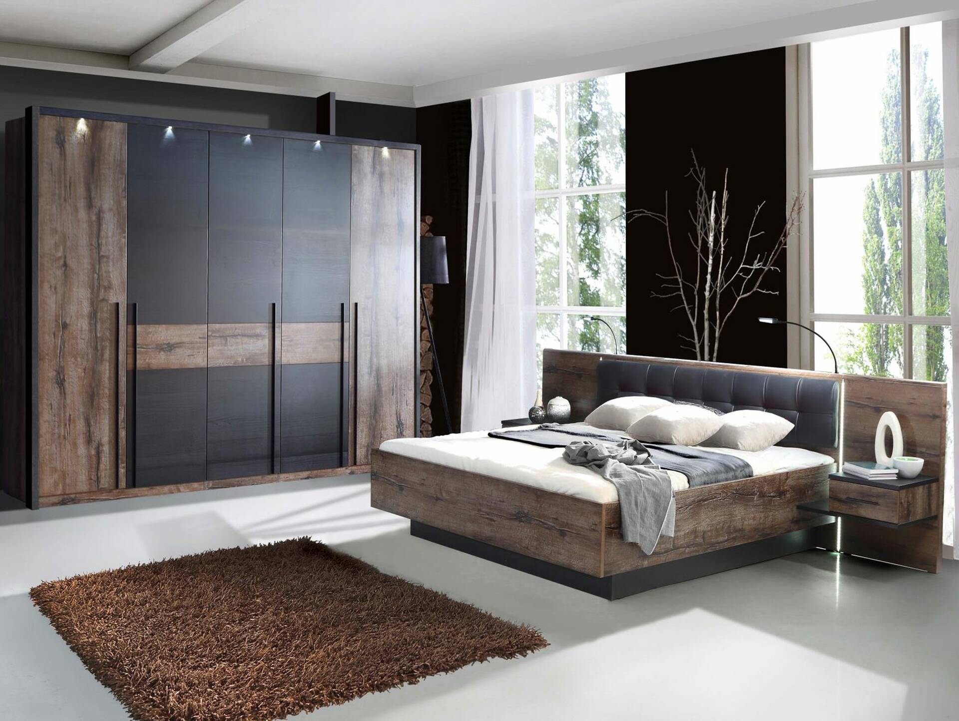 ERLIN Schlafzimmer, Material Dekorspanplatte, schwarzeichefarbig 180 x 200 cm | Drehtürenschrank