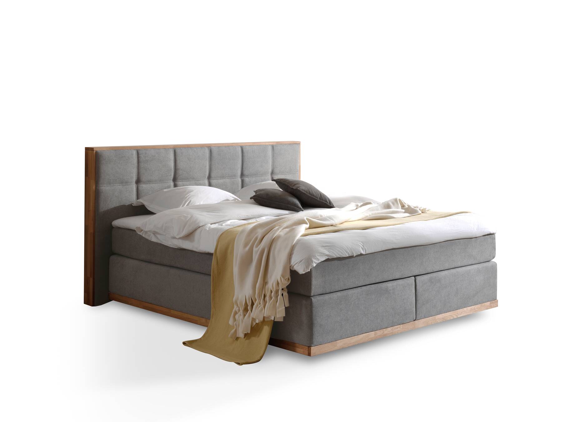 LEVANTOS Boxspringbett, Mix aus massiver Eiche und Velourgewebe 180 x 200 cm | grau | Härtegrad 2