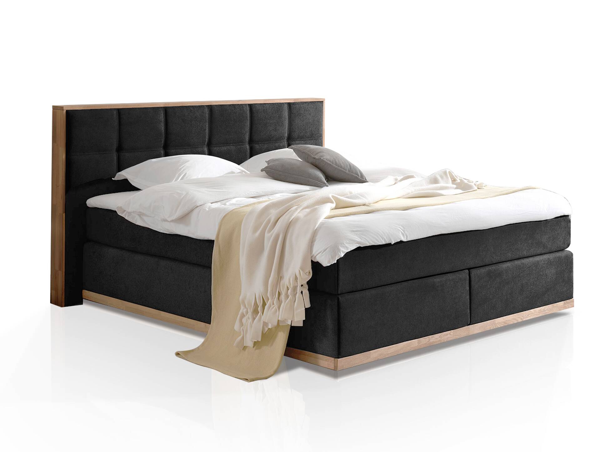 LEVANTOS Boxspringbett, Mix aus massiver Eiche und Velourgewebe 160 x 200 cm | schwarz | Härtegrad 2