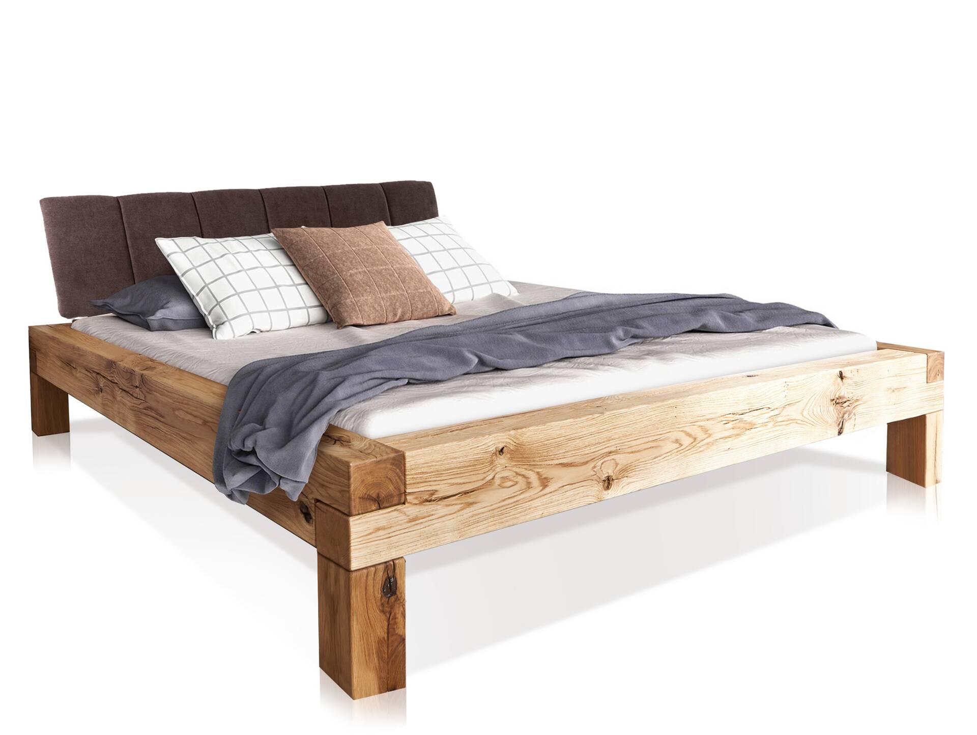 LIAS Balkenbett mit Polster-Kopfteil, 4-Fuß, Material Massivholz Eiche 160 x 200 cm | Stoff Braun mit Steppung