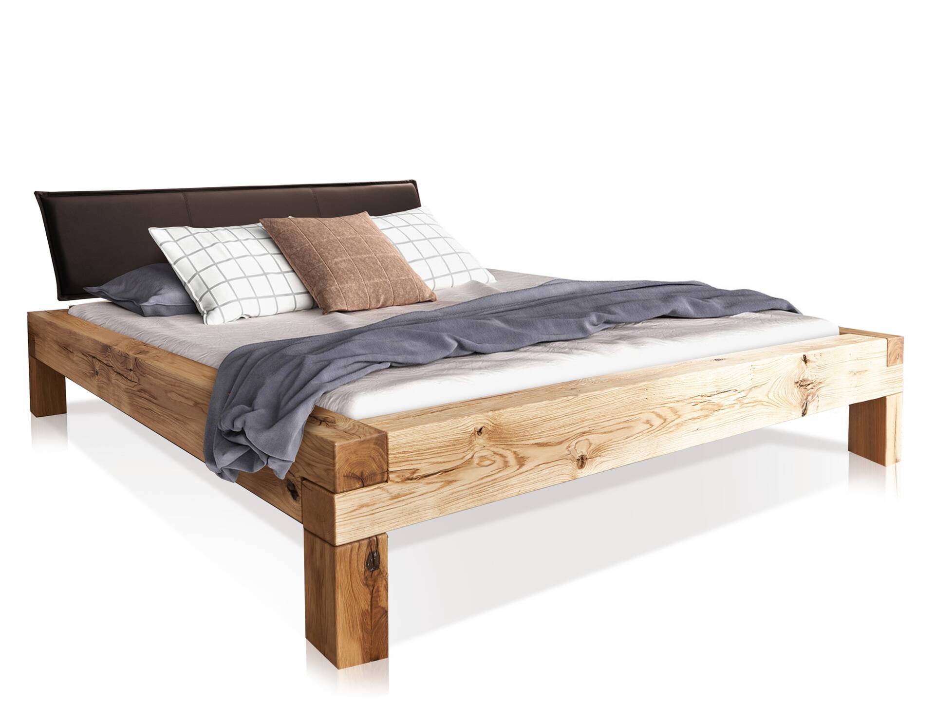 LIAS Balkenbett mit Polster-Kopfteil, 4-Fuß, Material Massivholz Eiche 180 x 200 cm | Kunstleder Braun ohne Steppung