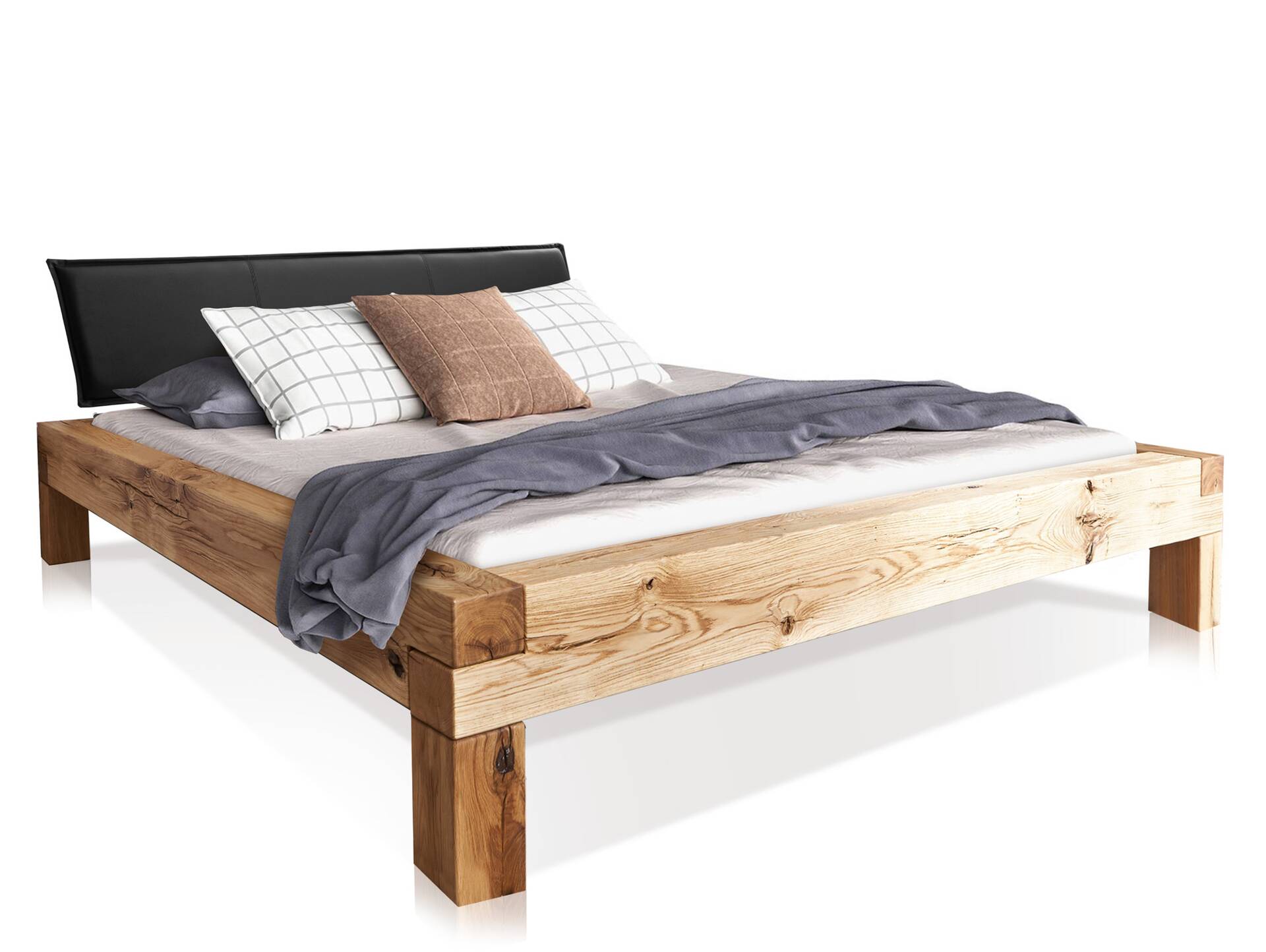 LIAS Balkenbett mit Polster-Kopfteil, Holz-Kufenfuß, Material Massivholz Eiche 160 x 200 cm | Kunstleder Schwarz ohne Steppung