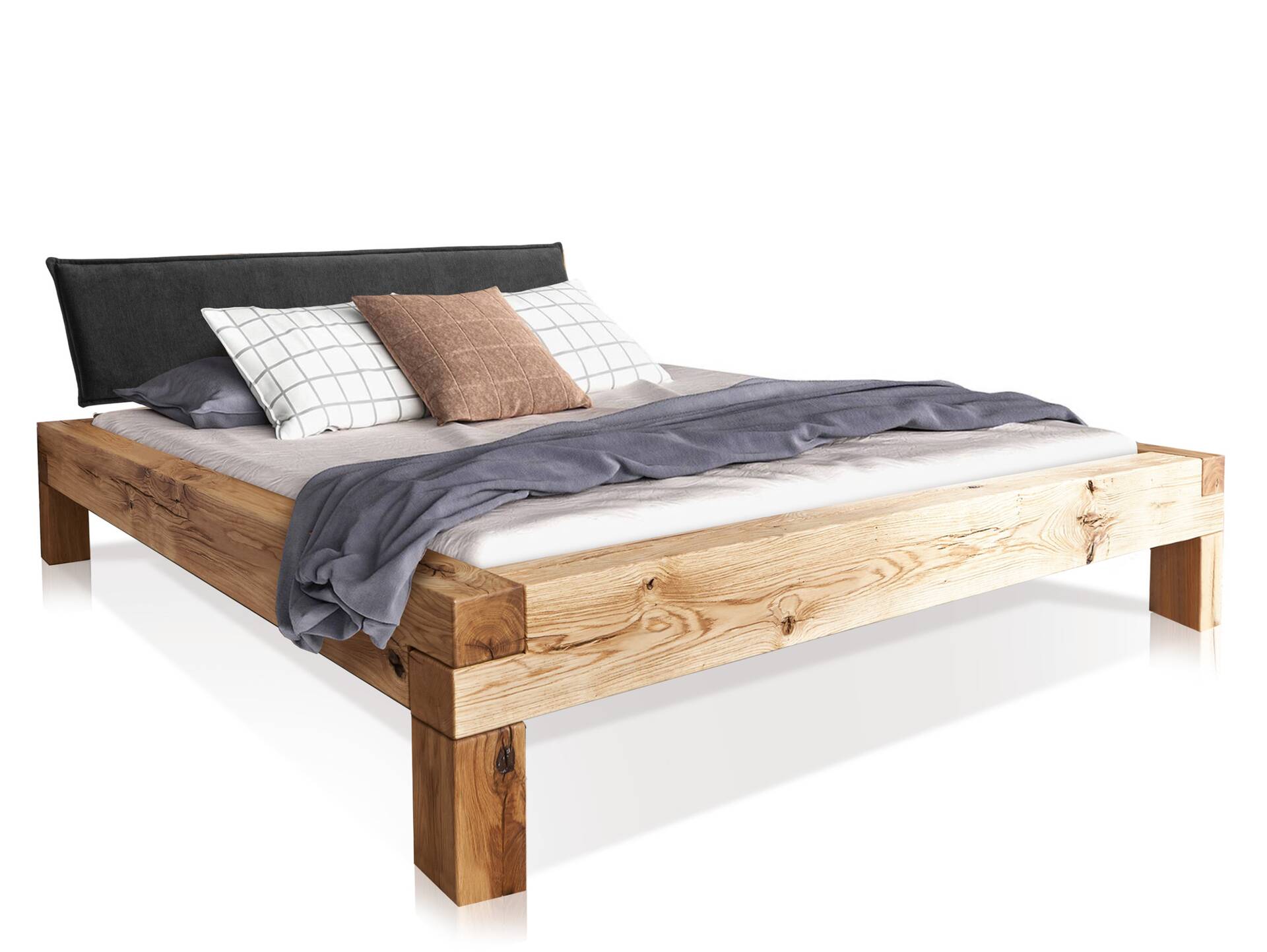 LIAS Balkenbett mit Polster-Kopfteil, 4-Fuß, Material Massivholz Eiche 160 x 200 cm | Stoff Anthrazit ohne Steppung