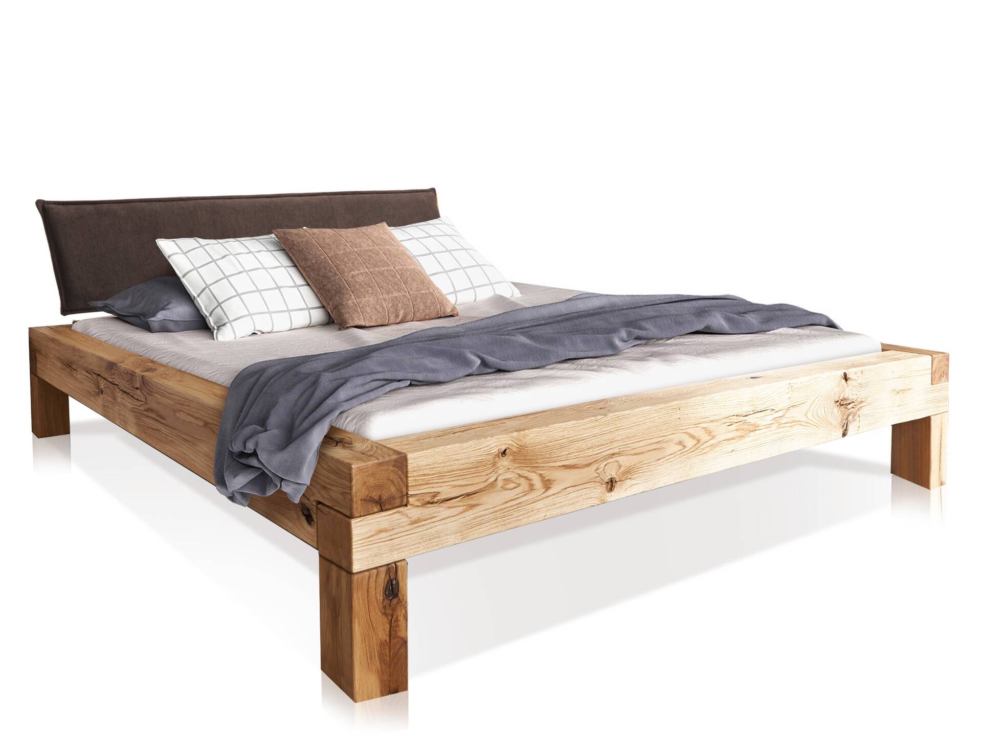 LIAS Balkenbett mit Polster-Kopfteil, 4-Fuß, Material Massivholz Eiche 180 x 200 cm | Stoff Braun ohne Steppung
