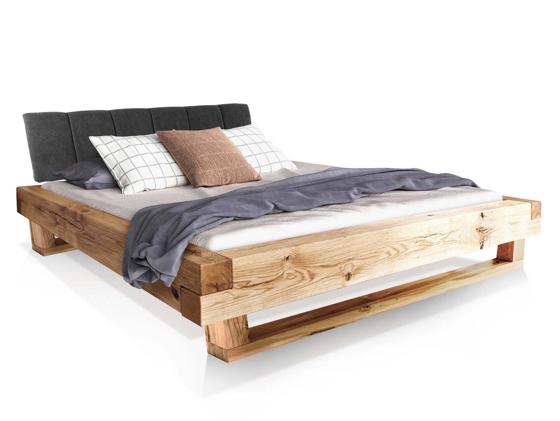 LIAS Balkenbett mit Polsterkopfteil, Holz-Kufenfuß, Material Massivholz, Eiche geölt 200 x 200 cm | Stoff Anthrazit mit Steppung