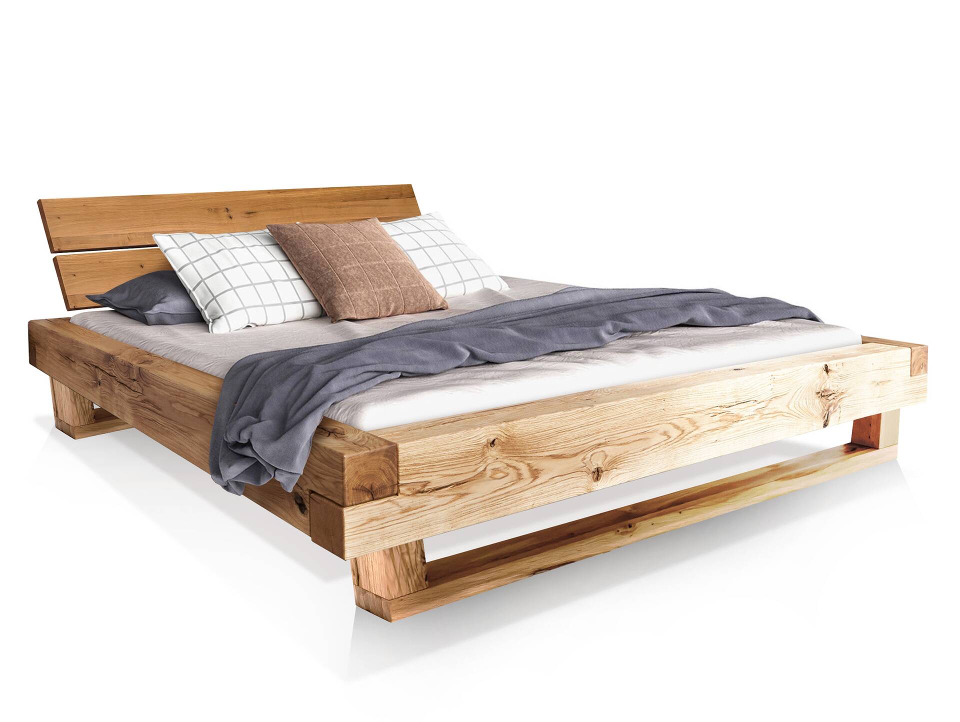 LIAS Balkenbett mit Kopfteil, Holz-Kufenfuß, Material Massivholz Eiche 200 x 200 cm