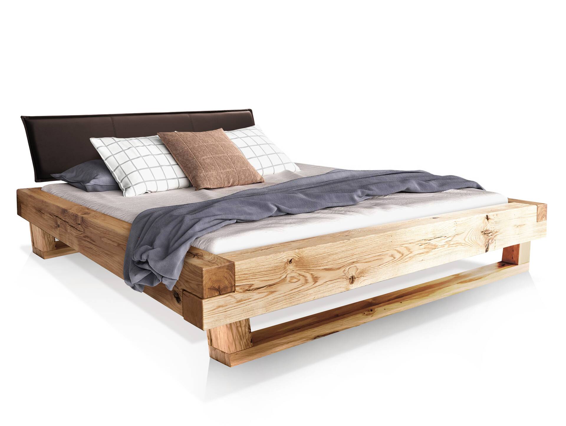 LIAS Balkenbett mit Polster-Kopfteil, Holz-Kufenfuß, Material Massivholz Eiche 140 x 200 cm | Kunstleder Braun ohne Steppung