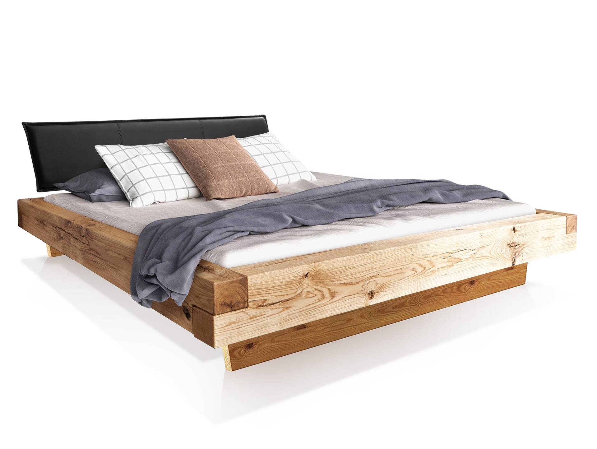 LIAS Balkenbett mit Polsterkopfteil, Wangenfuß, Material Massivholz, Eiche geölt 160 x 200 cm | Kunstleder Schwarz ohne Steppung