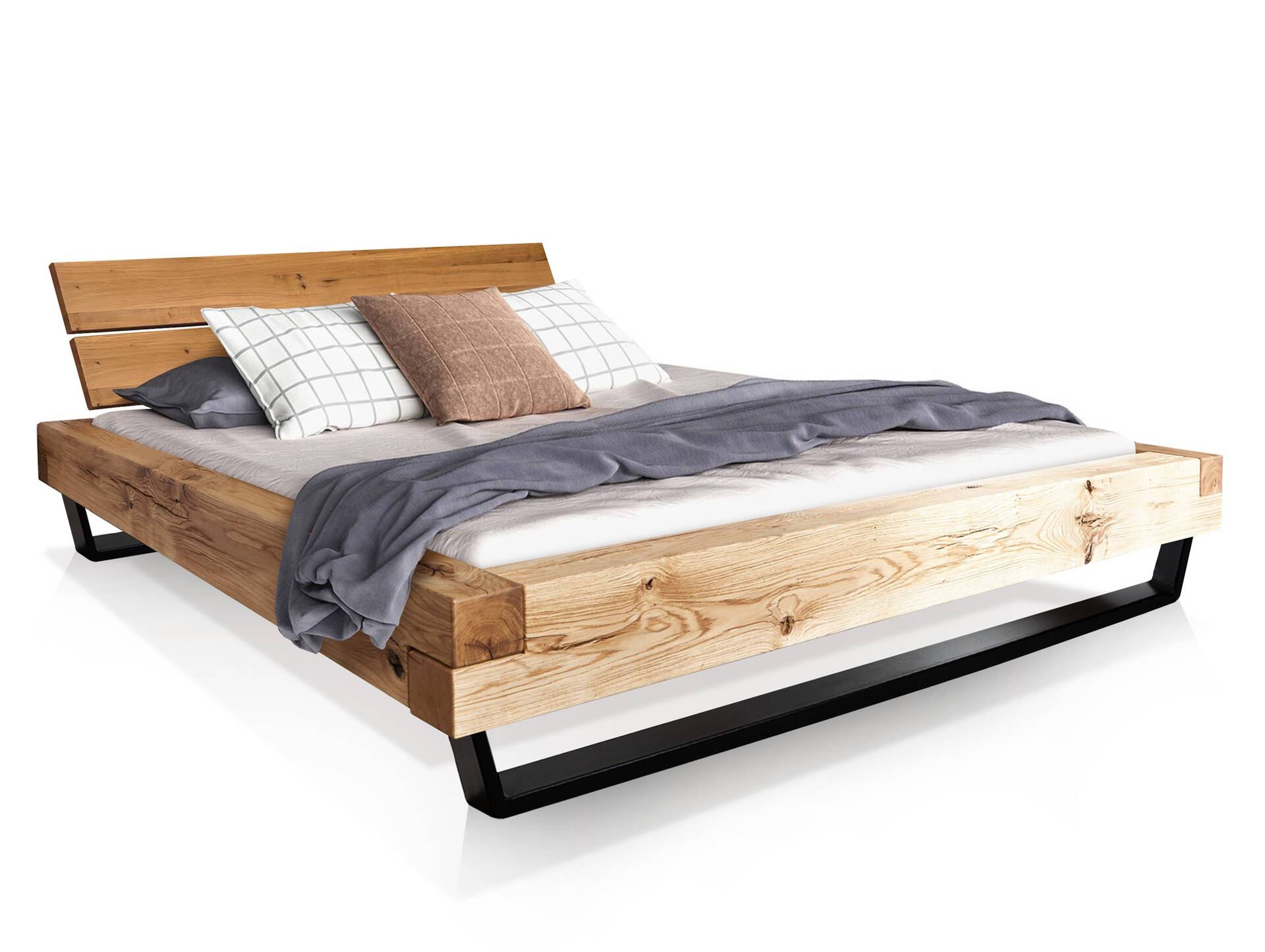 LIAS Balkenbett mit Kopfteil, Kufenfuß, Material Massivholz, Eiche geölt 160 x 200 cm