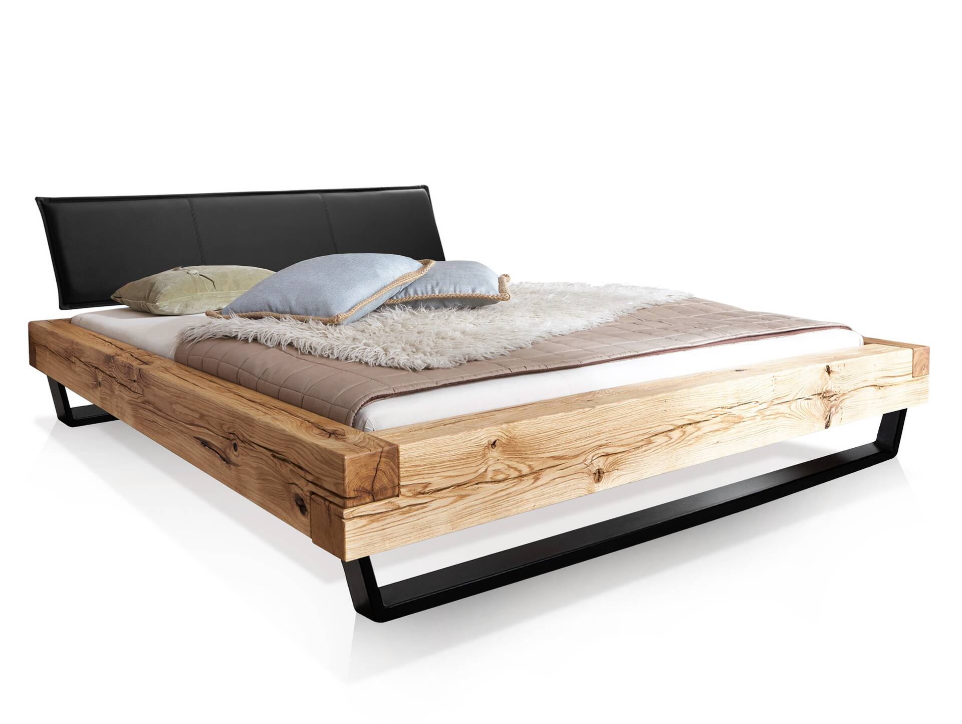 LIAS Balkenbett mit Polster-Kopfteil, Kufenfuß, Material Massivholz Eiche 160 x 200 cm | Kunstleder Schwarz ohne Steppung