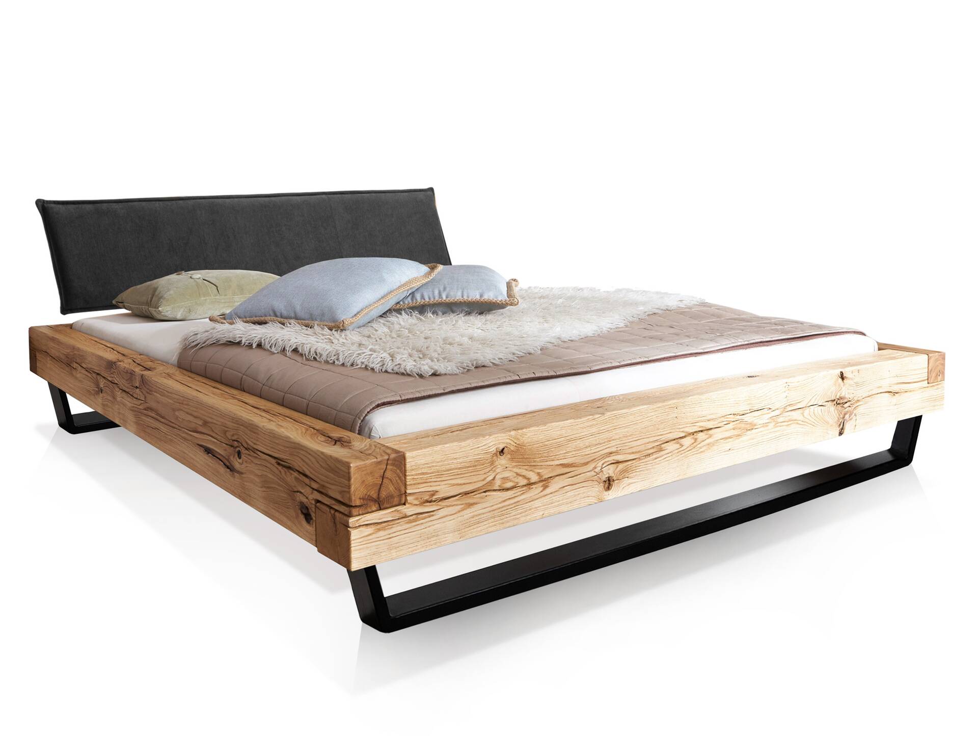 LIAS Balkenbett mit Polster-Kopfteil, Kufenfuß, Material Massivholz Eiche 160 x 200 cm | Stoff Anthrazit ohne Steppung