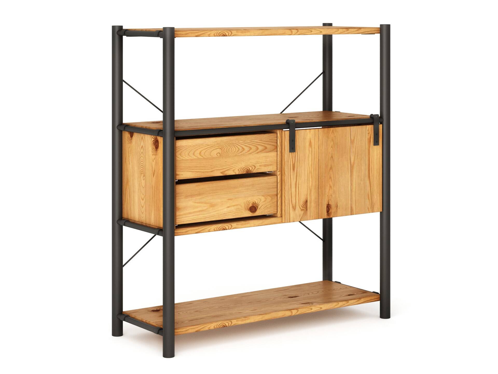 LIVERPOOL 4er Regal-Kombi, Highboard aus Massivholz Thermo-Fichte, Metall schwarz Natur
