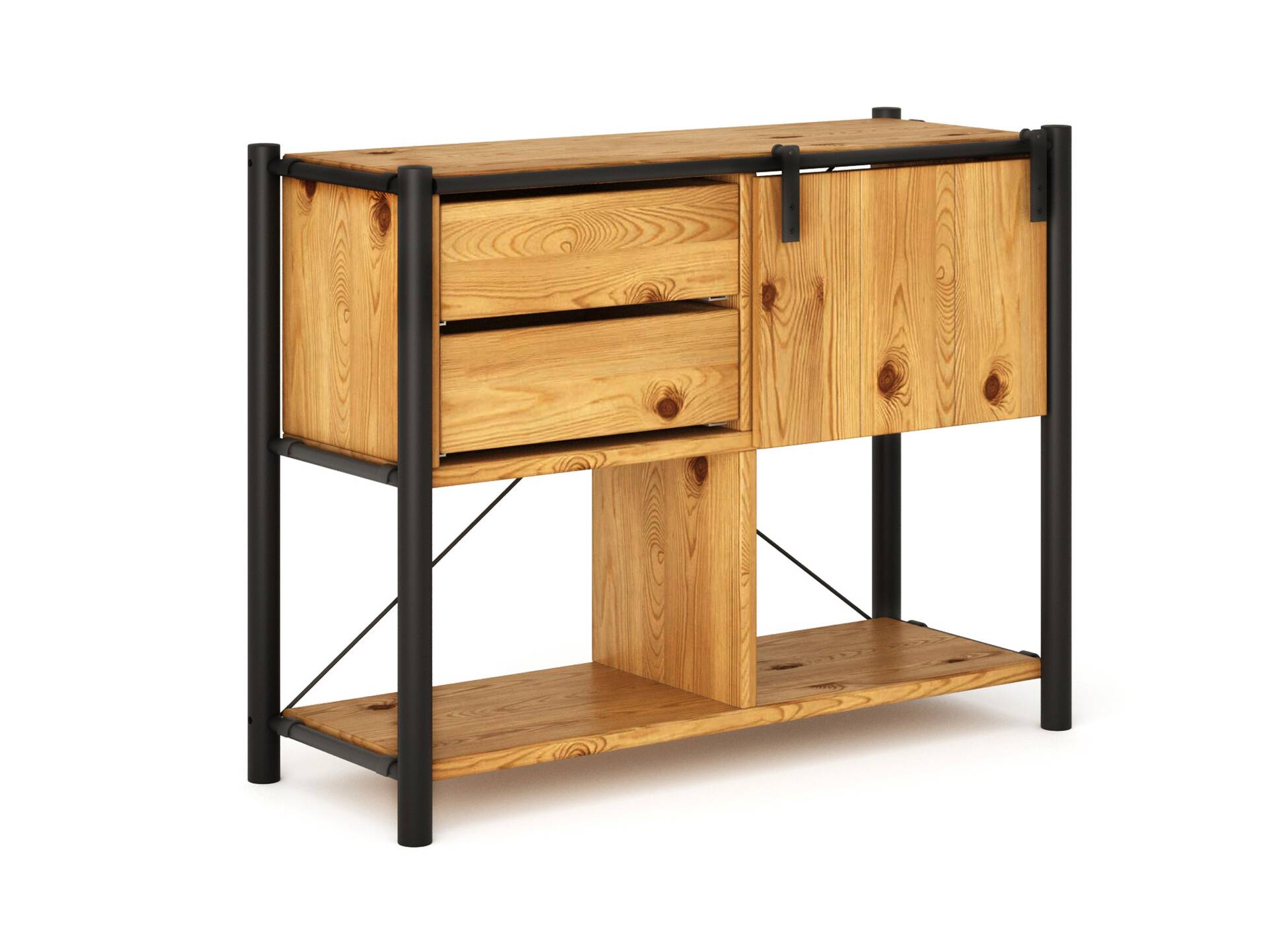 LIVERPOOL 3er Regal-Kombi, Sideboard aus Massivholz Thermo-Fichte, Metall schwarz Natur